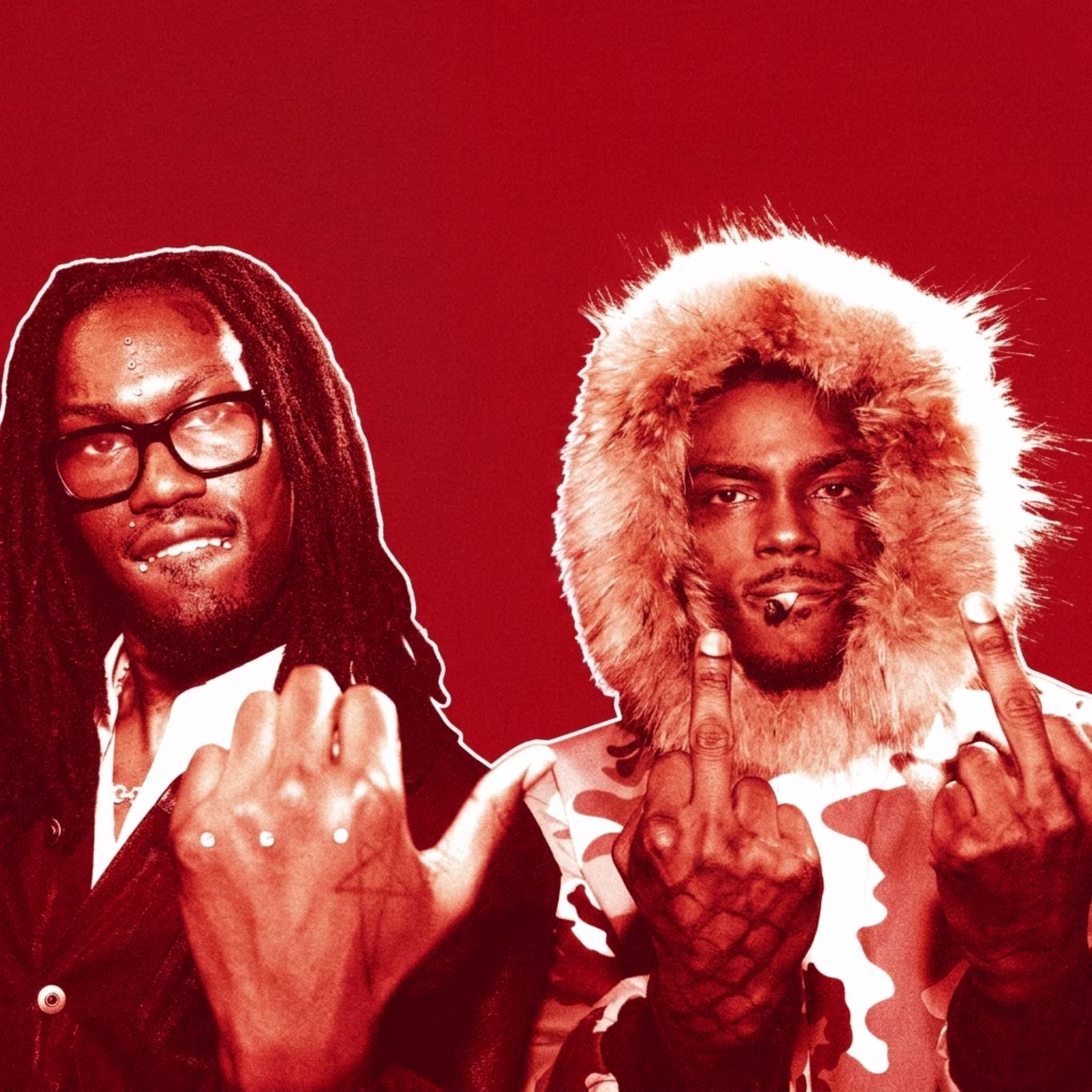 Tezzus and diamond in front of a red background, one with dreadlocks and glasses, the other in a fur-lined hooded jacket, both making hand gestures.