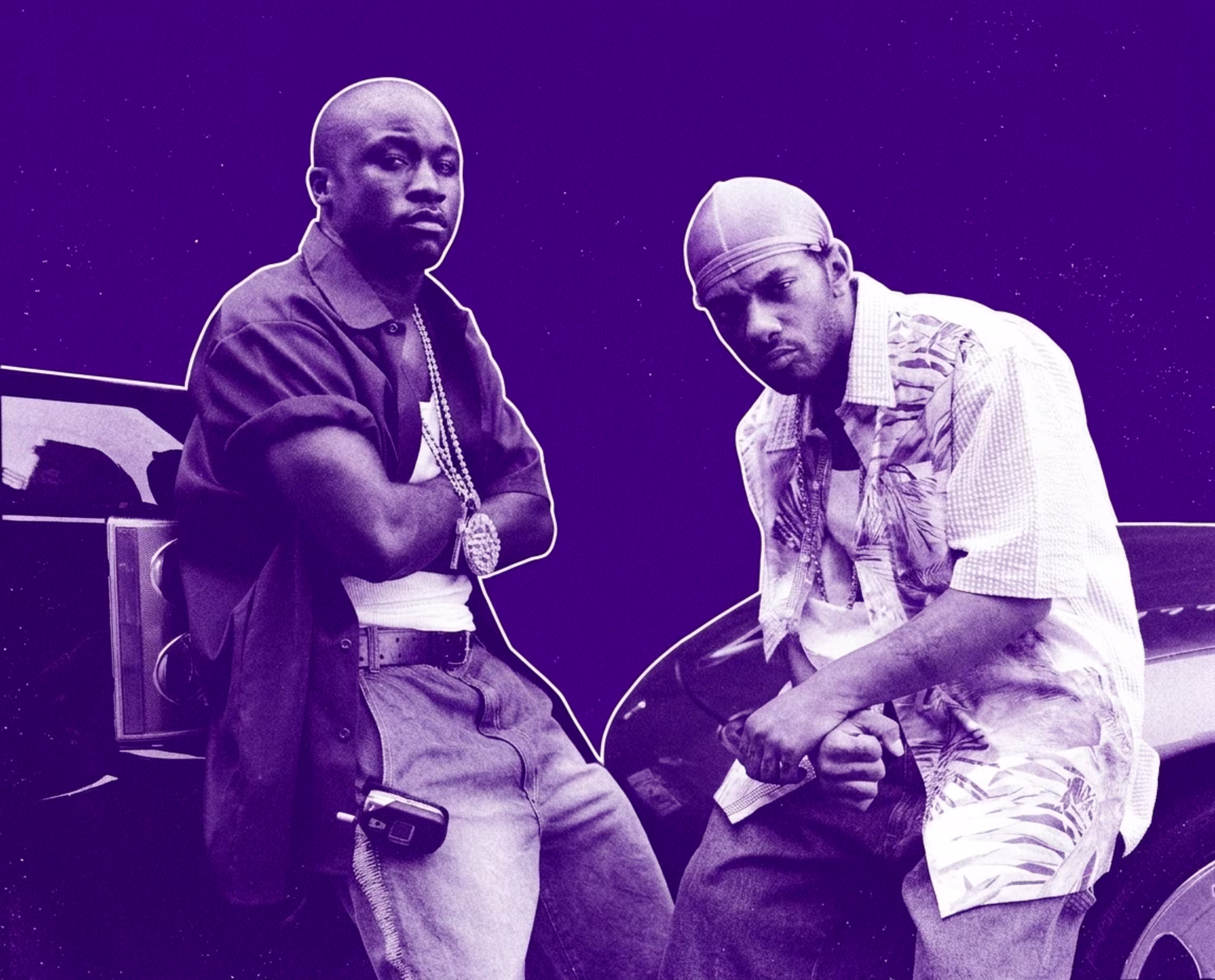 Two men in casual clothing pose confidently by a car. The image has a purple tint.