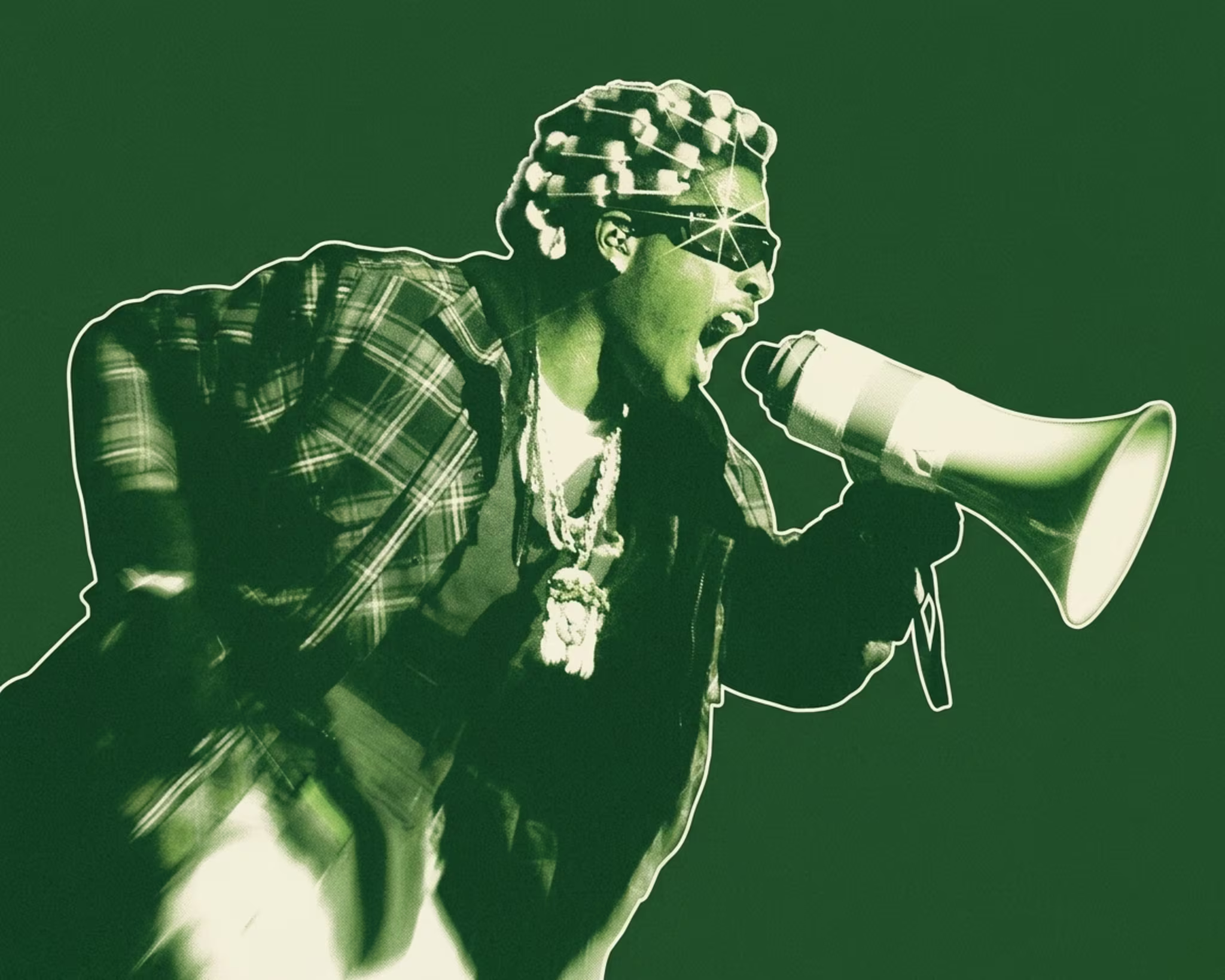 A person wearing sunglasses and a plaid jacket shouts into a megaphone, set against a green background.