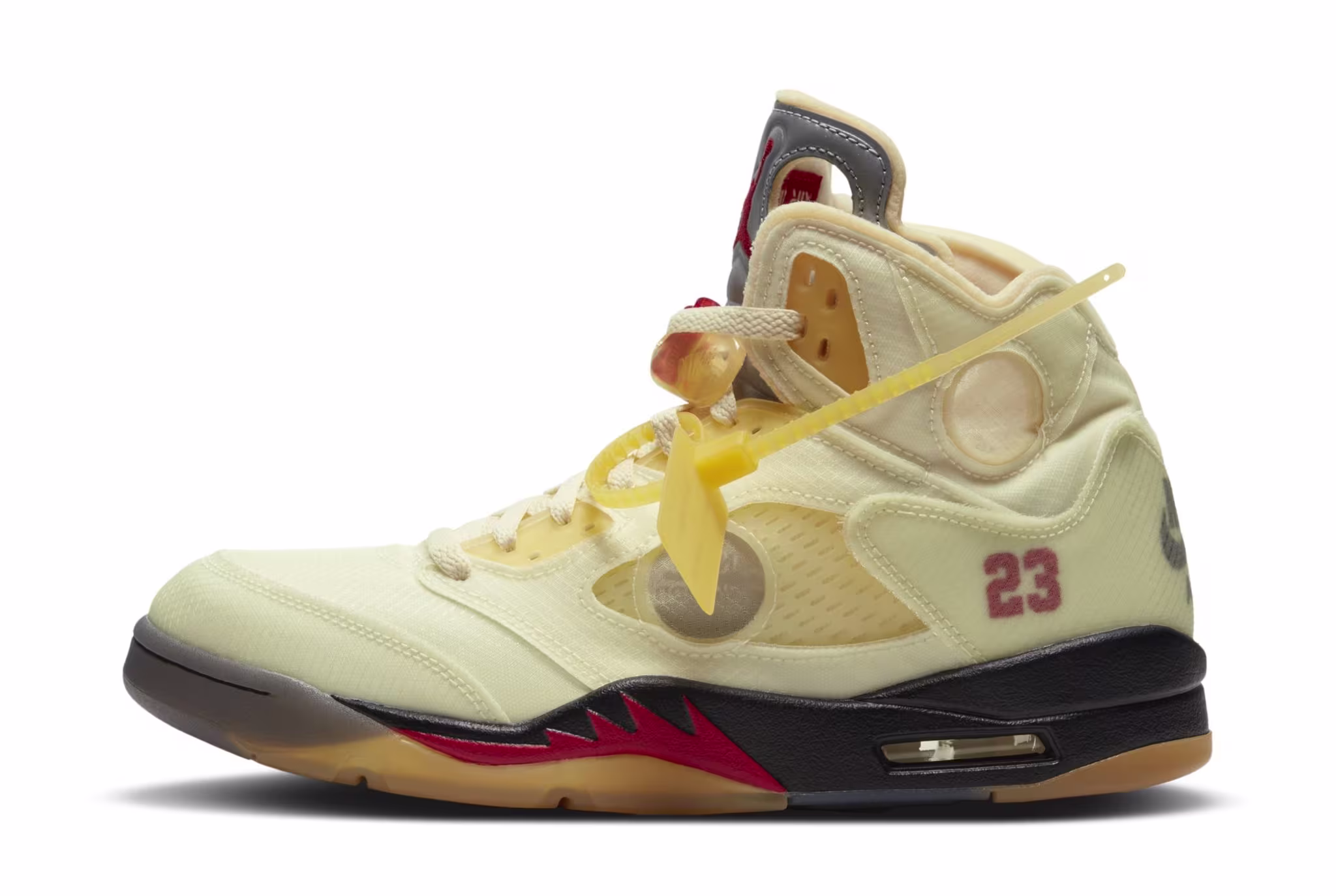 Off White x Air Jordan 5 'Sail/Fire Red/Muslin/Black' (Lateral)