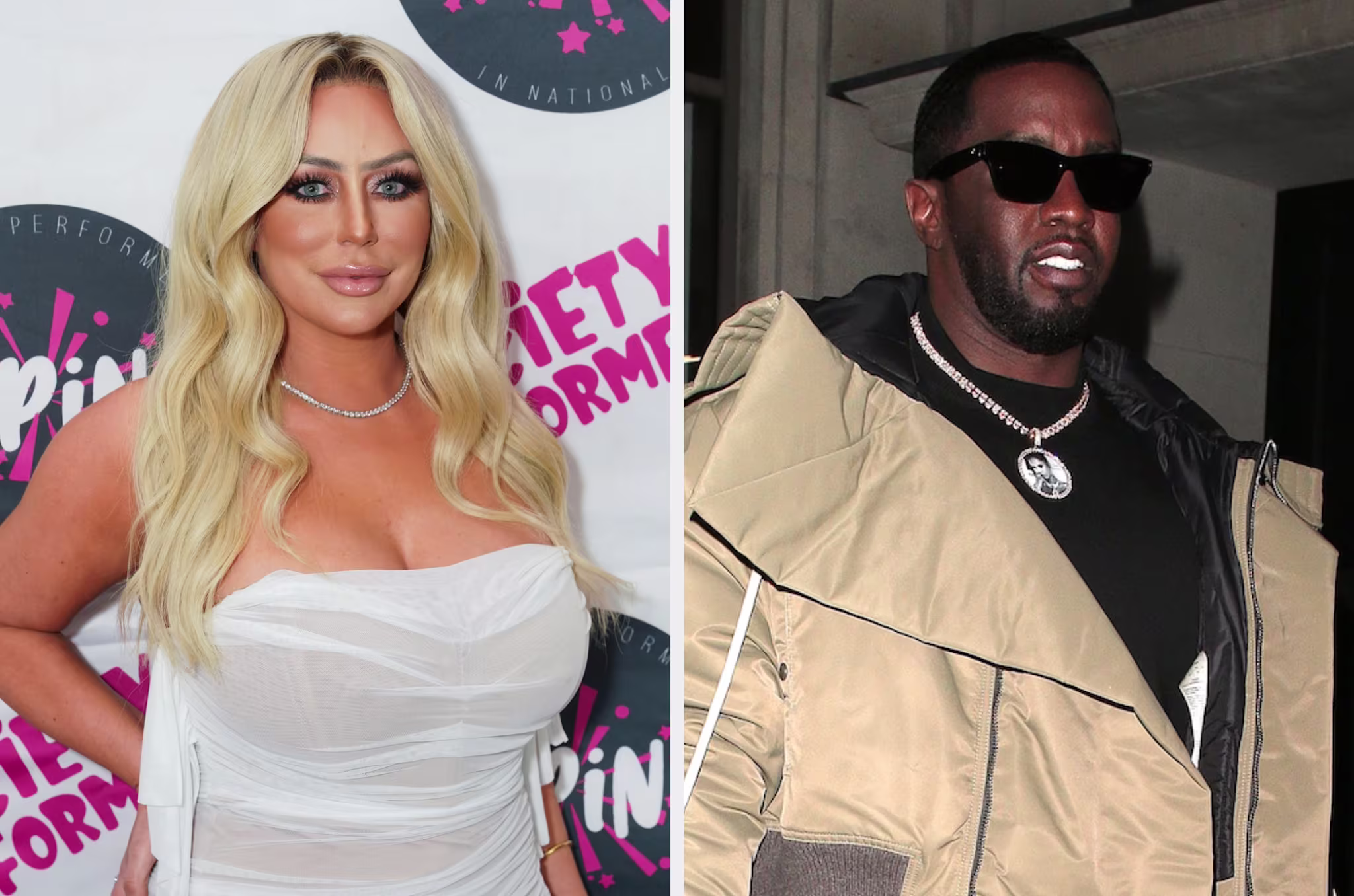 Aubrey O'Day poses in a white dress while Sean Combs wears a puffy jacket and shades