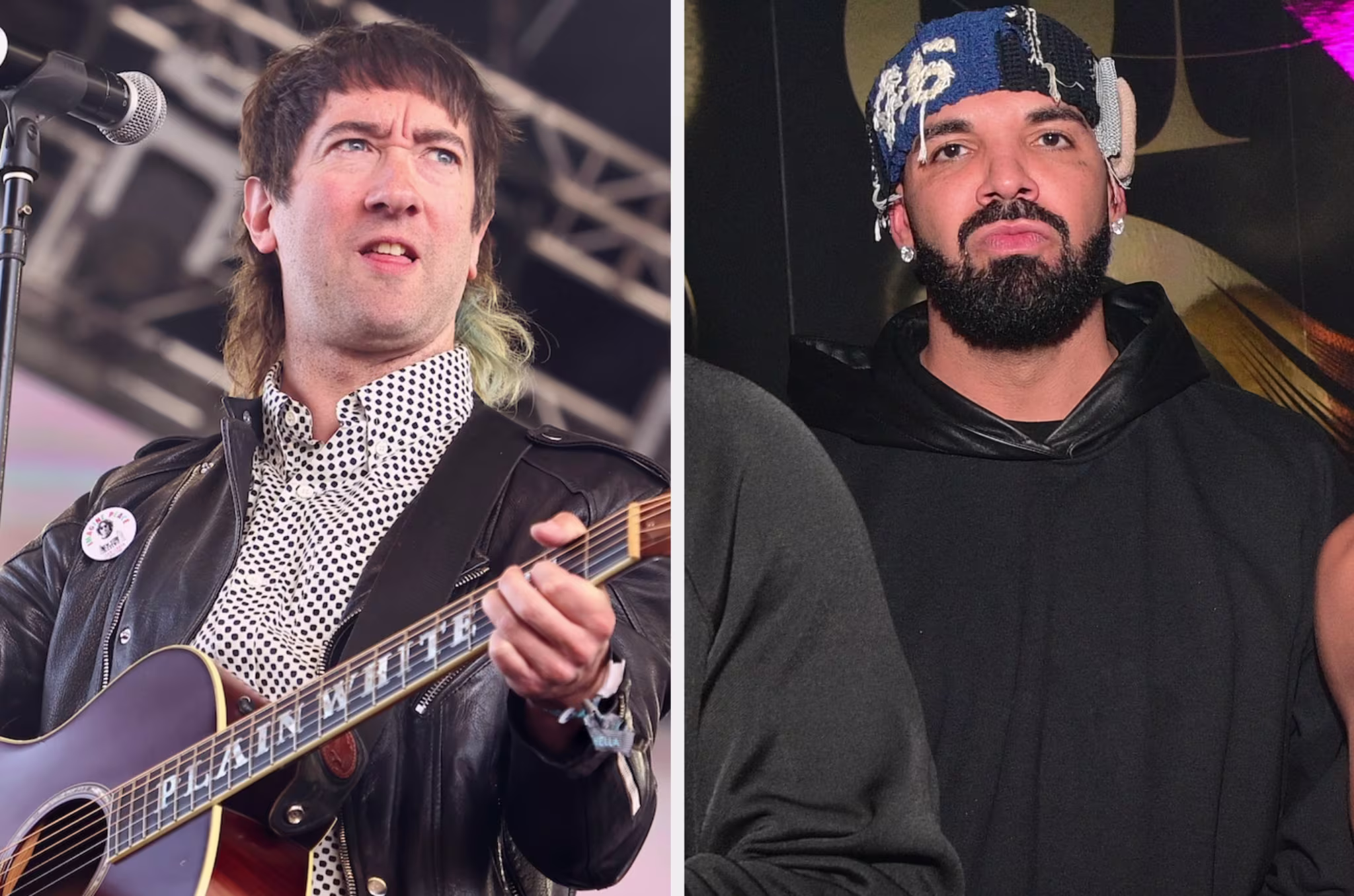 Drake and John Joseph McCauley IV, known as John McCauley, at a music event. John plays a guitar, wearing a patterned shirt and leather jacket. Drake wears a black hoodie and a hat