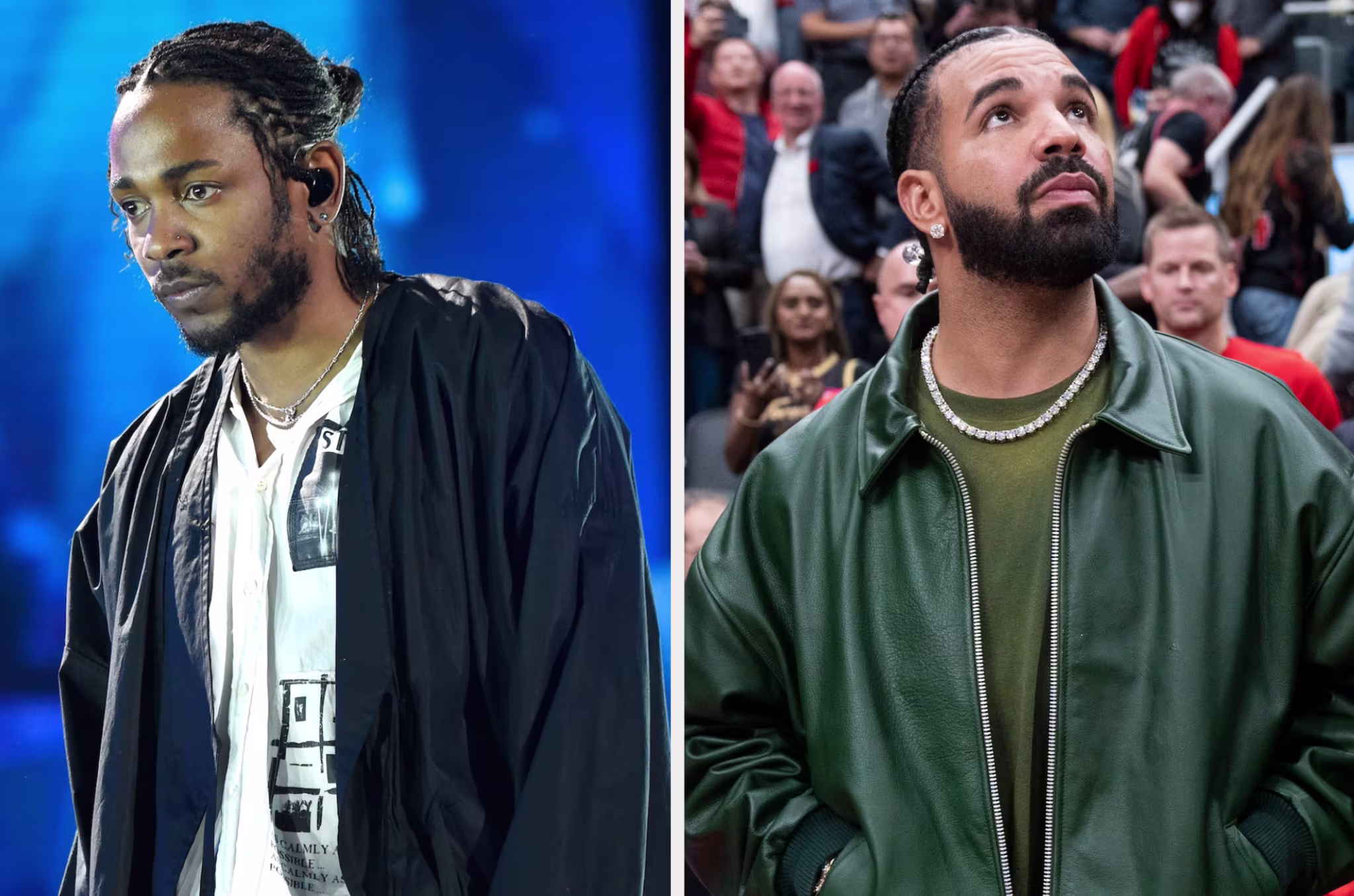 Kendrick Lamar in a black jacket and tee, and Drake in a green jacket at separate events