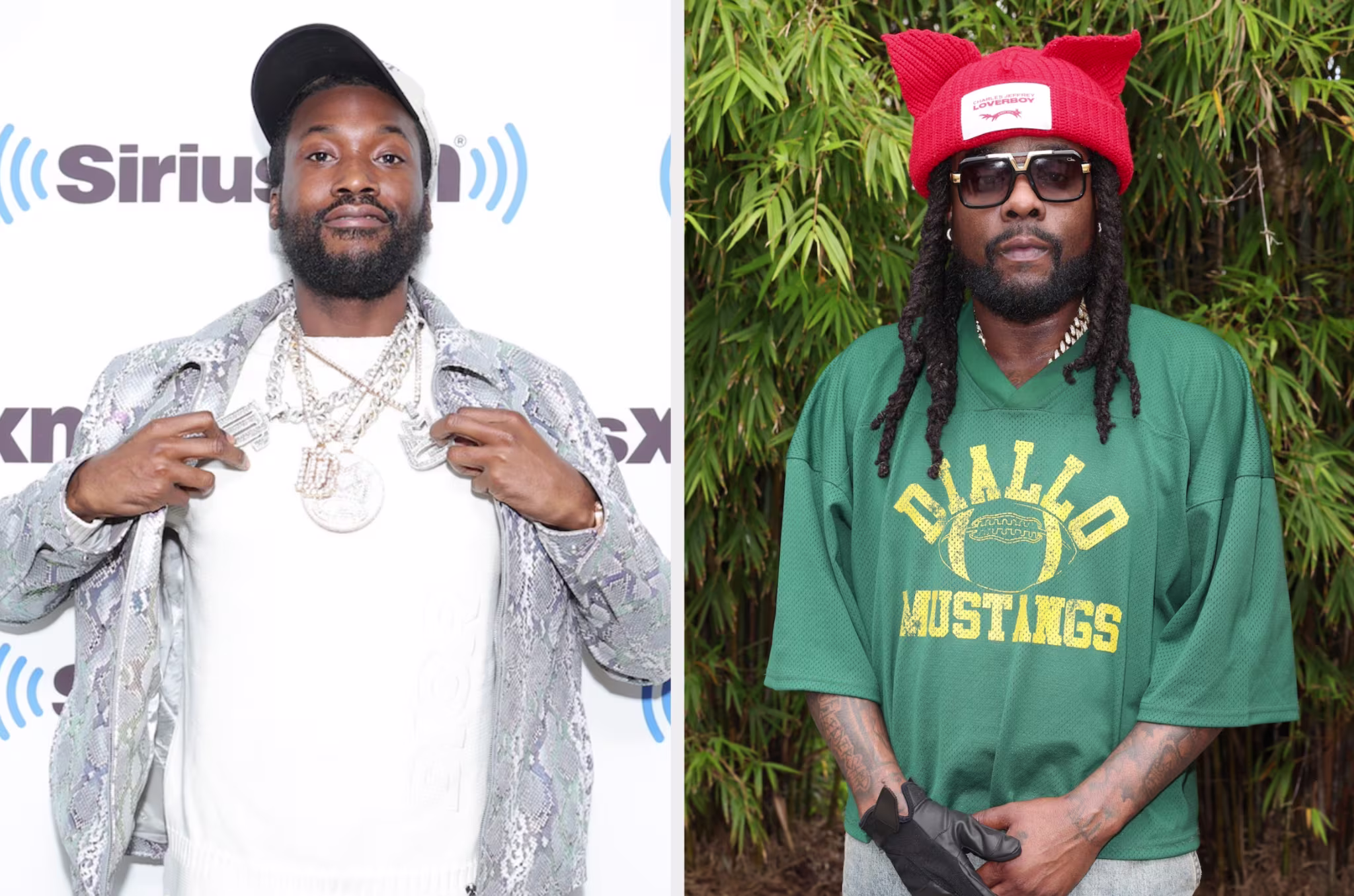 Two male musicians posing separately; one in a patterned jacket with chains, the other in a green sweatshirt with a red hat
