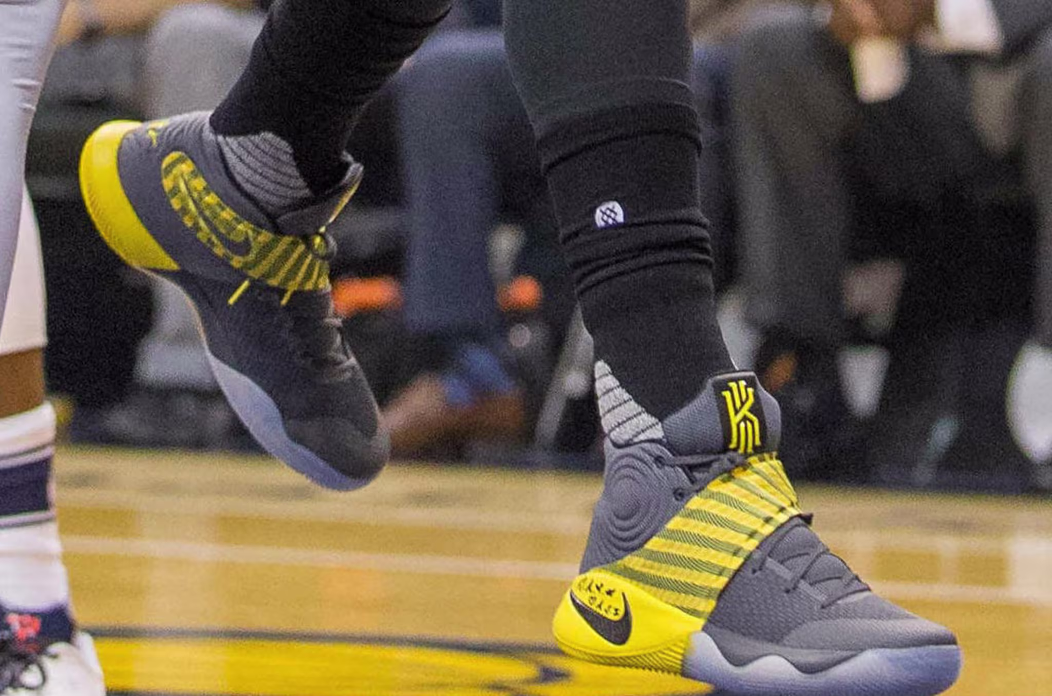 Kyrie Irving Wearing a Grey/Yellow Nike Kyrie 2 PE Shoes
