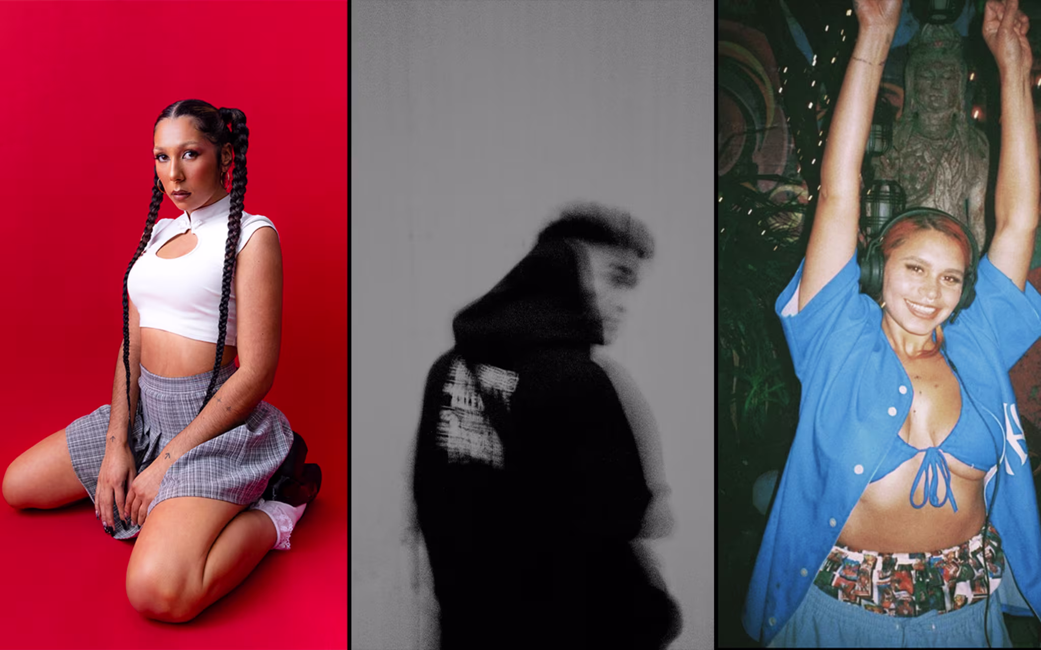From left to right: Person kneeling in a stylish outfit with braids, blurred person in hoodie walking away, smiling person in a blue top raising arms