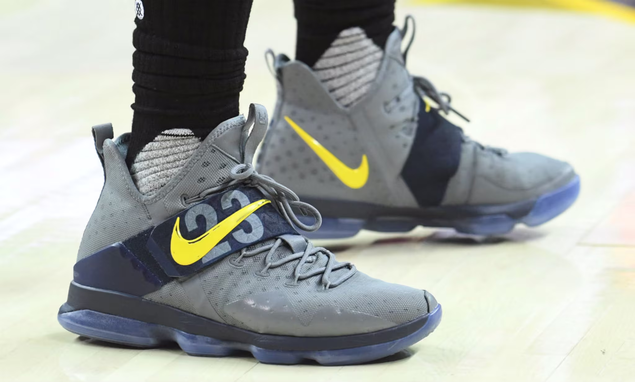 LeBron James Nike LeBron 14 Grey Yellow PE On Right