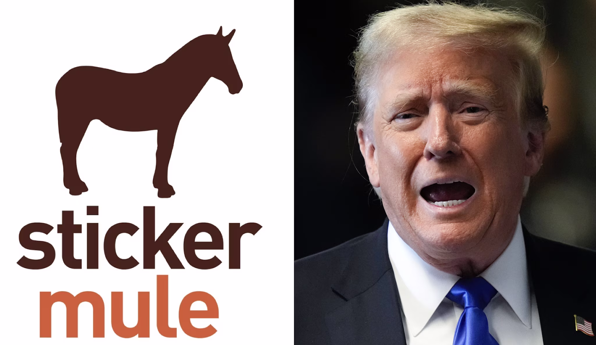 Donald Trump speaking, next to the Sticker Mule logo featuring a mule silhouette and the text "sticker mule"