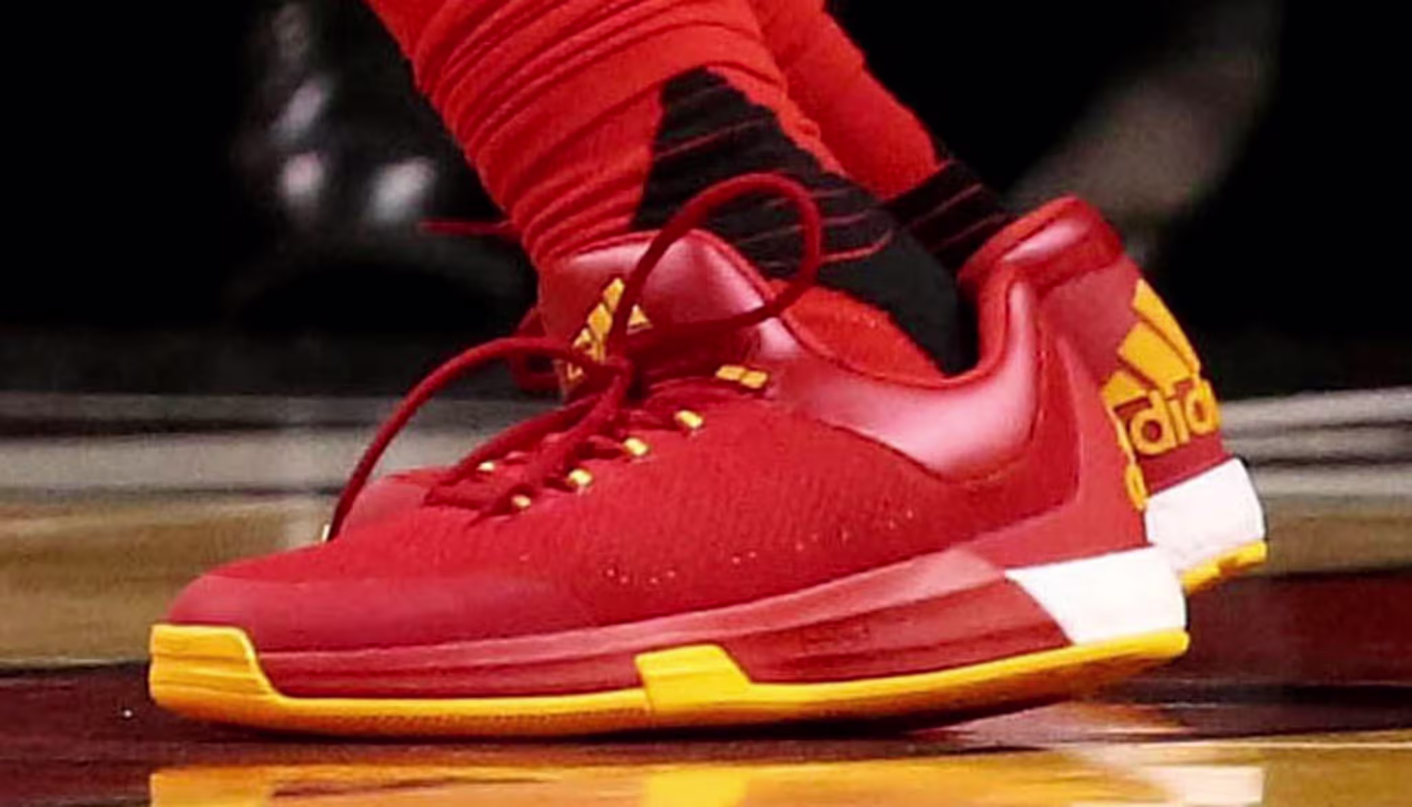 James Harden wearing a Red/Yellow Rocket adidas Crazylight Boost 2015 PE (3)