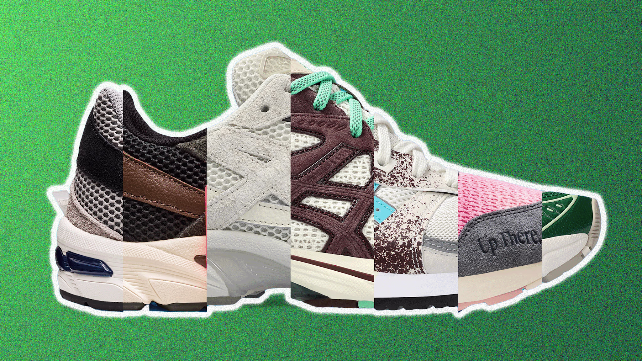 Collage of various sneaker designs from different brands combined into one shoe form. Brands include New Balance, Adidas, and more