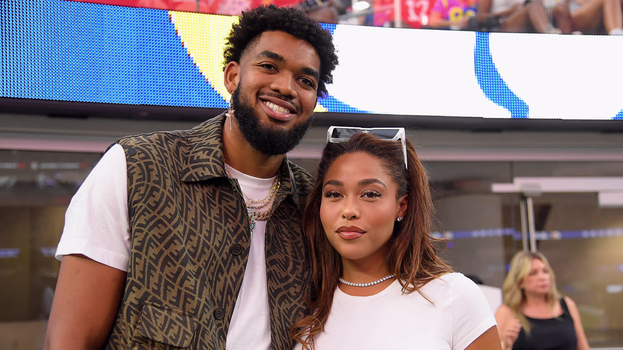 Karl Anthony Towns and model Jordyn Woods attend the NFL game between the Los Angeles Rams and the Buffalo Bills