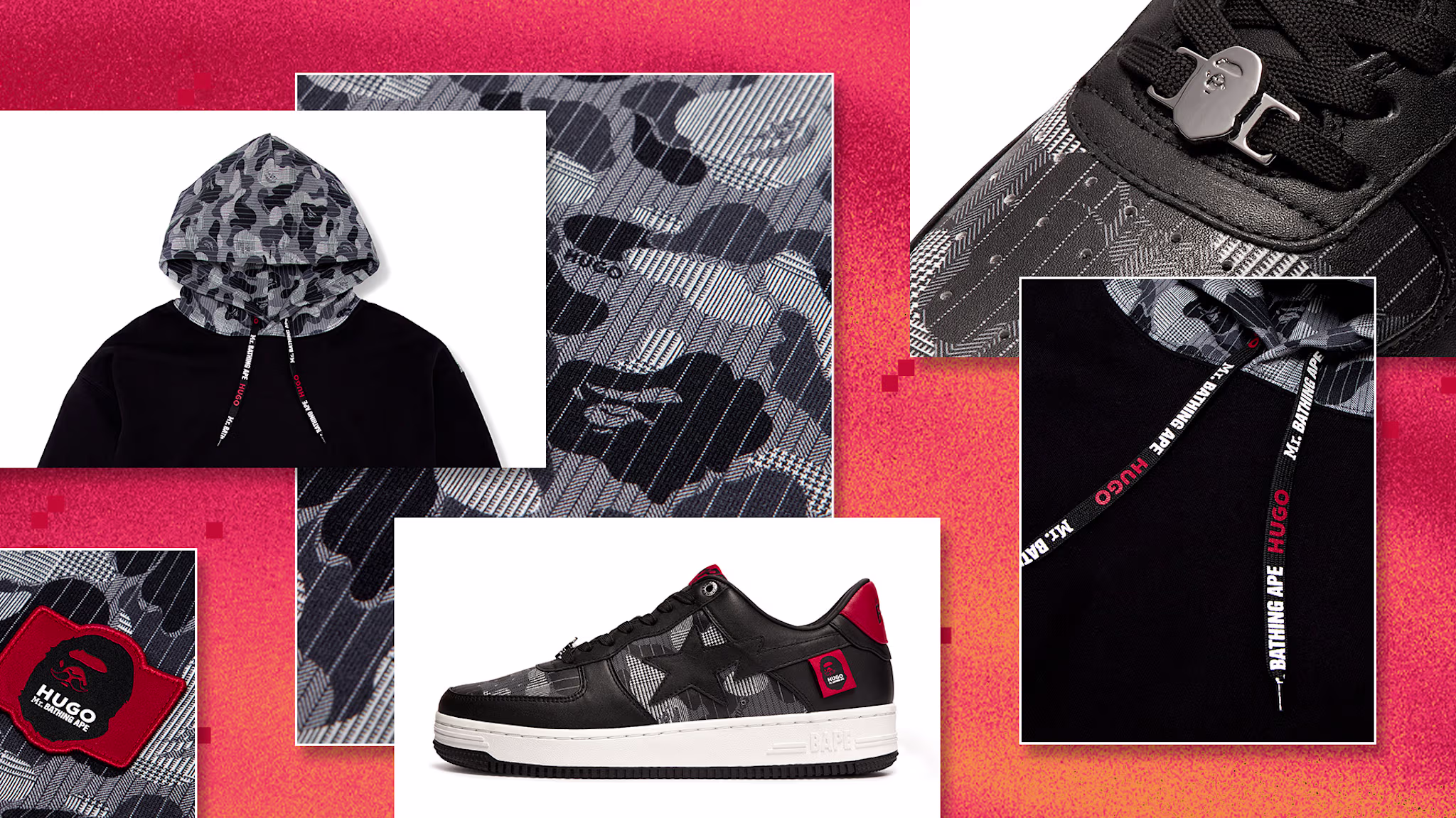 HUGO x Mr. Bathing Ape® Camouflage Hoodie and Bapesta Sneakers Header Image