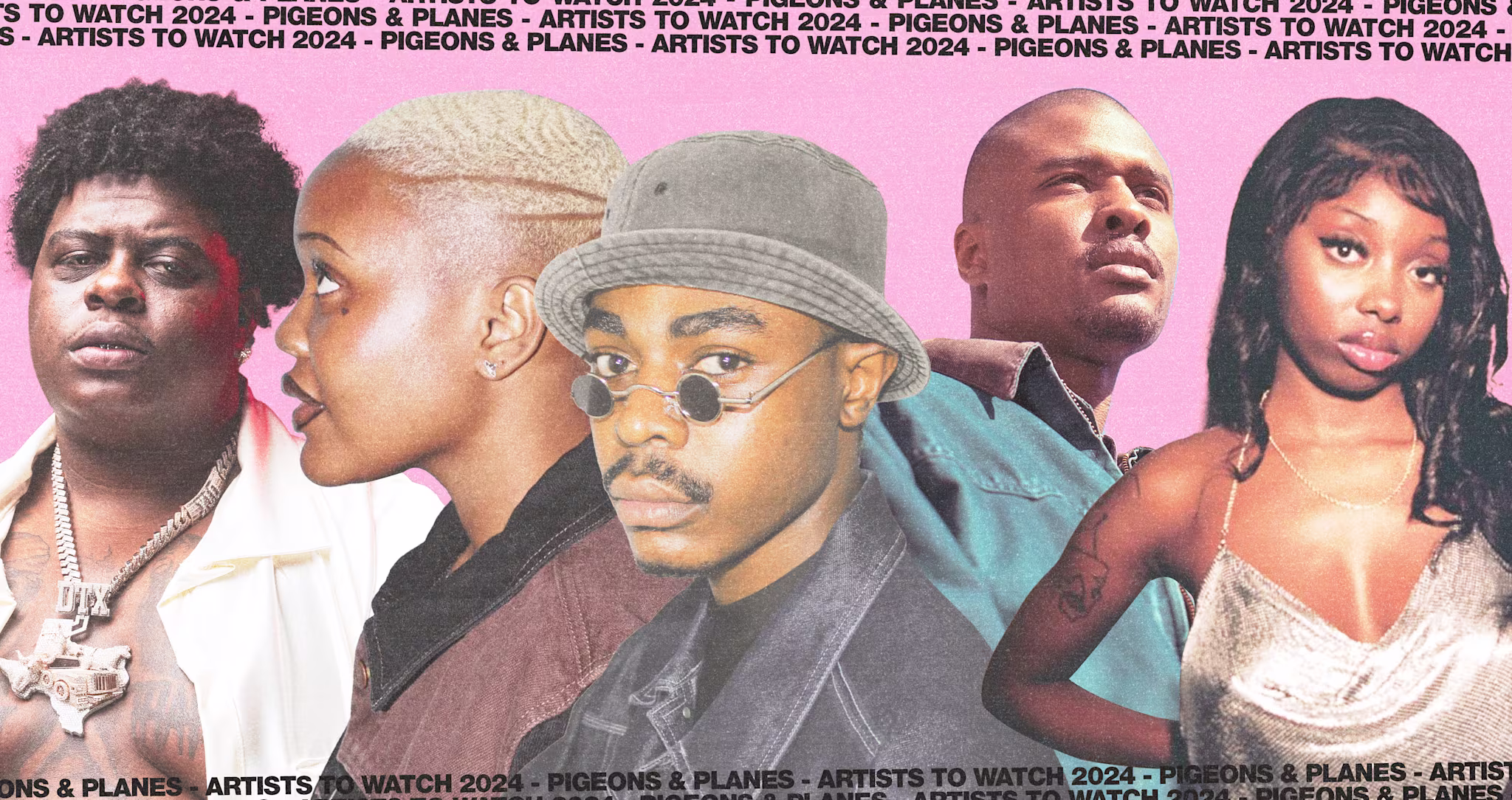 A collage of diverse artists against a pink background, labeled "Pigeons & Planes - Artists to Watch 2024."
