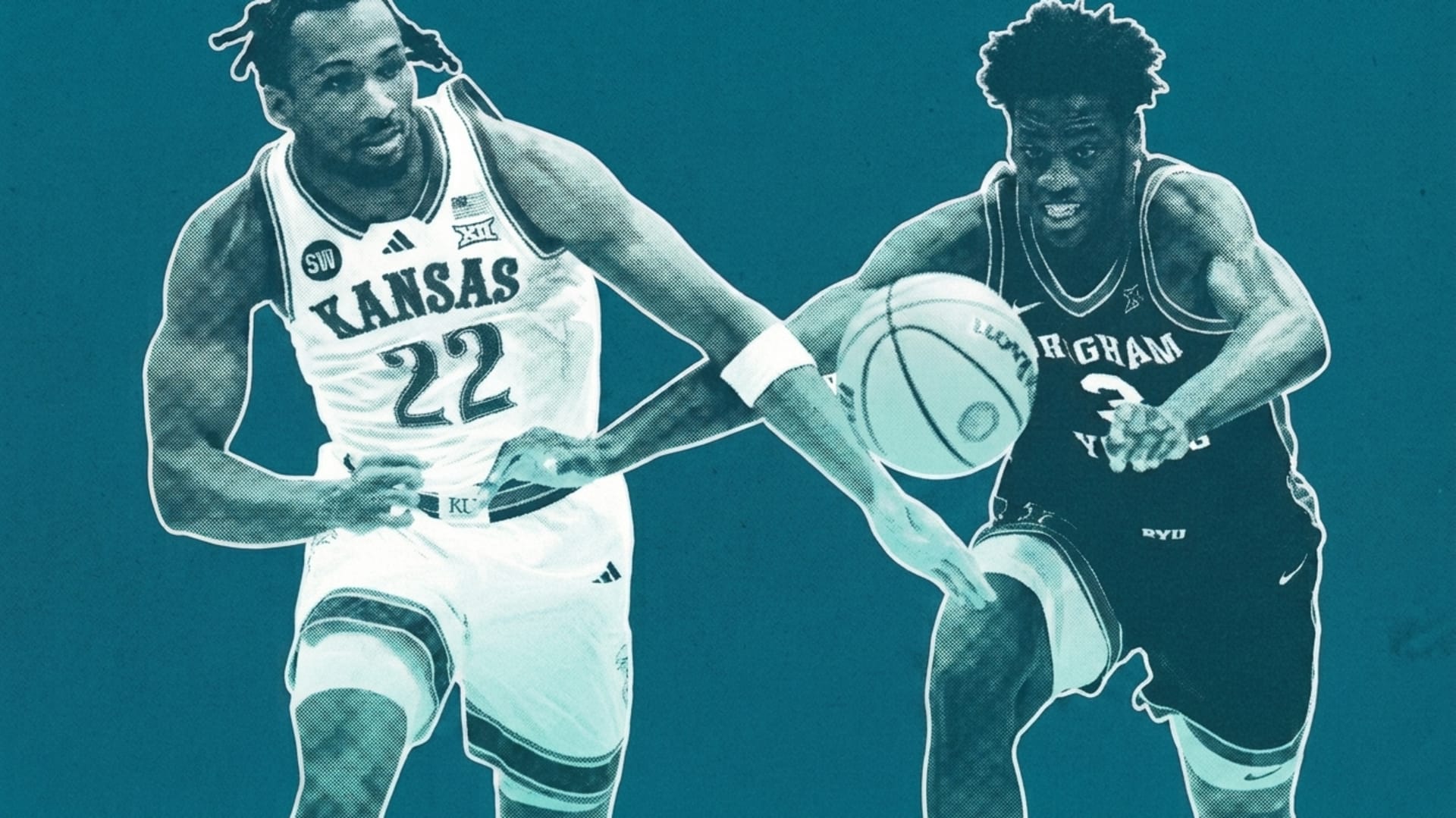 Darryn Peterson and AJ Dybantsa chase after a loose ball during a BYU-Kansas game in February 2026. 