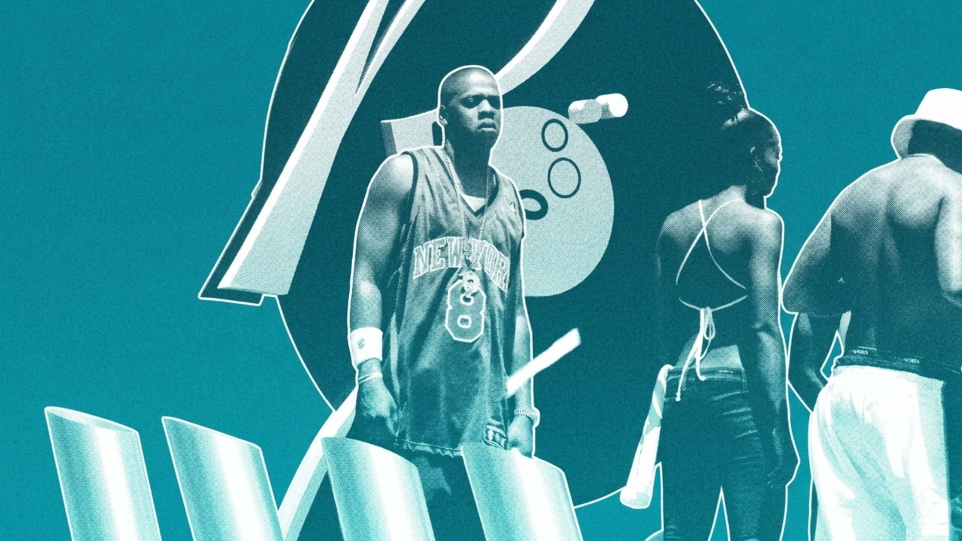 A stylized image with Jay-Z in a New York jersey, a woman in a swimsuit, and another person. The background features bold graphics.