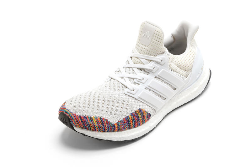 white ultra boost with rainbow