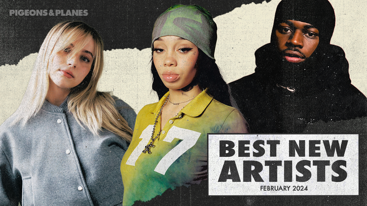 Three individuals pose in a collage titled "Best New Artists February 2024" by Pigeons & Planes.