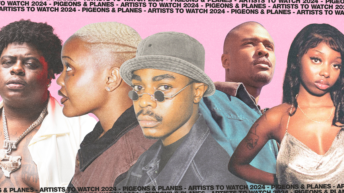 A collage of five individuals against a pink background, labeled "Pigeons & Planes - Artists to Watch 2024."