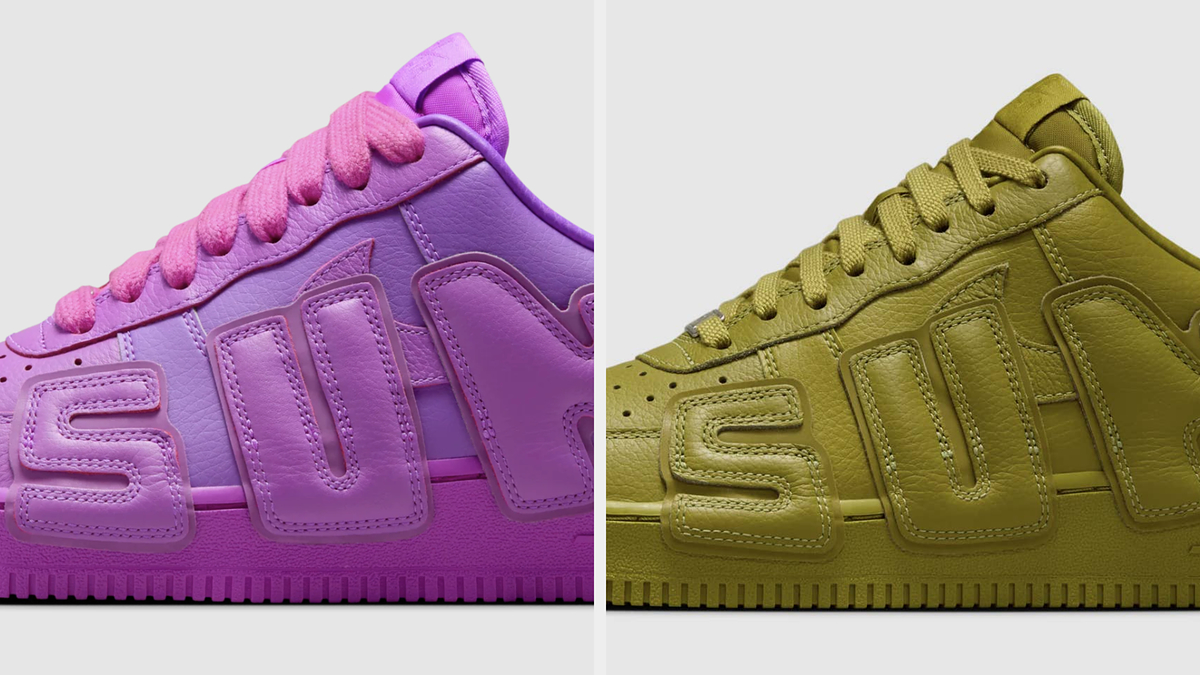 Side views of two different colored Nike Air Force 1 sneakers with "SUN" embossed on the side
