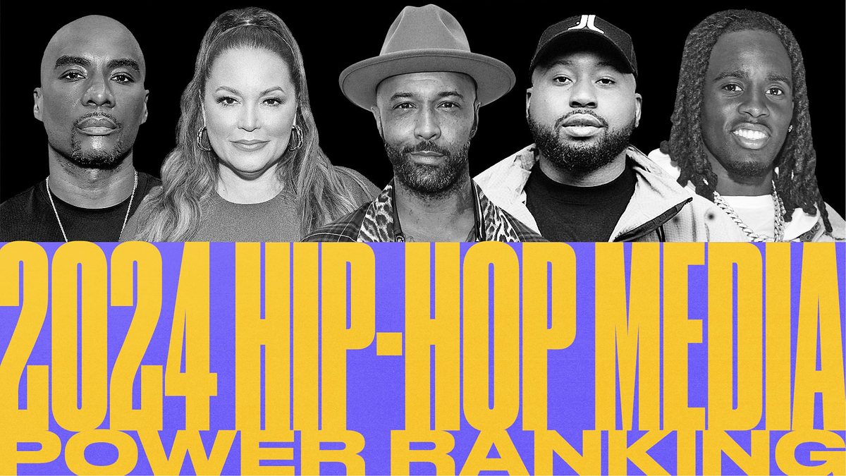 Charlamagne Tha God, Angie Martinez, Joe Budden, DJ Akademiks, and Kai Cenat featured in "2024 Hip-Hop Media Power Ranking" banner