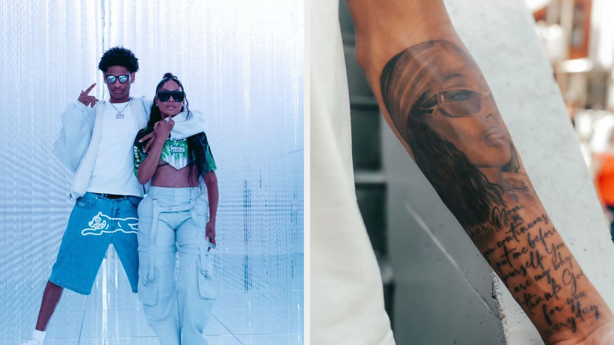 Two images: Left shows Brawnee James and girlfriend in modern streetwear. Right shows a close-up of Brawnee James' arm tattoo, featuring a detailed illustration of a woman's face