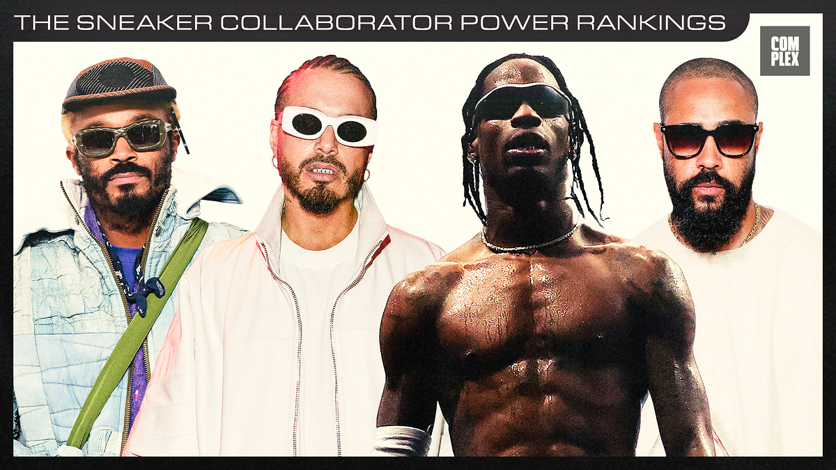 Snoop Dogg, J Balvin, Travis Scott, and DJ Khaled in stylish outfits from the Sneaker Collaborator Power Rankings by Complex