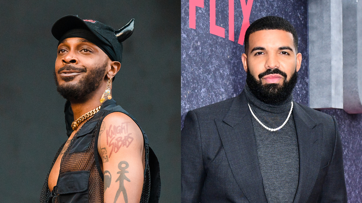 JPEGMAFIA in a sleeveless outfit with tattoos on his arm, and Drake in a dark suit with a turtleneck and a pearl necklace