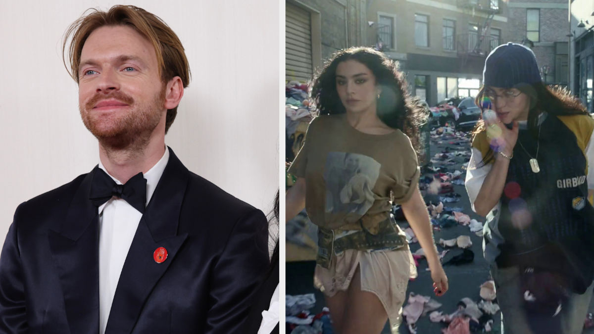Finneas in a tuxedo appears on the left; Charli XCX and Billie Eilish walk in an urban setting on the right