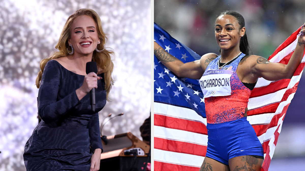 Adele performs on stage in a stylish dress, and Sha'Carri Richardson celebrates with a U.S. flag while wearing an athletic outfit