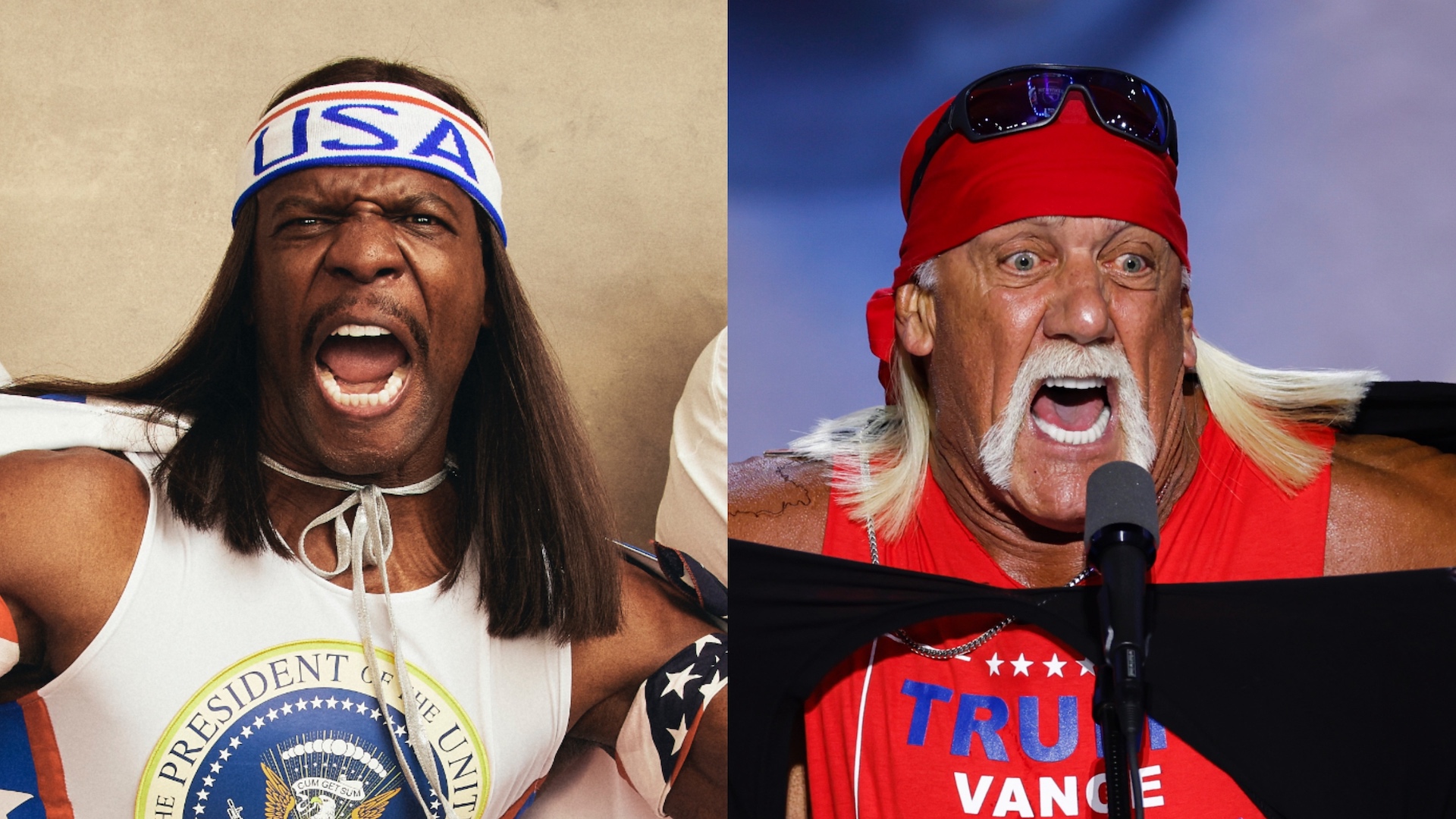 Splitscreen image of Terry Crews and Hulk Hogan