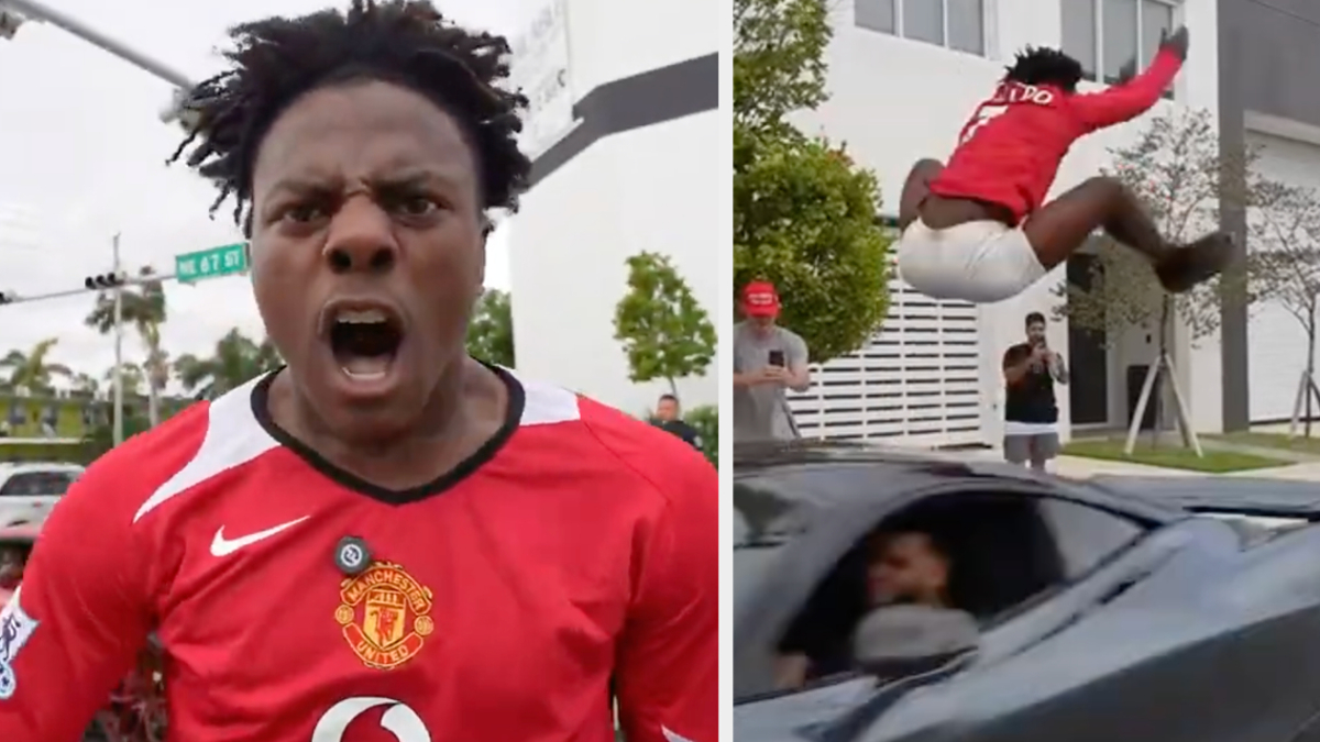 Speed in Manchester United jersey shouts on the left; jumps over a moving sports car on the right