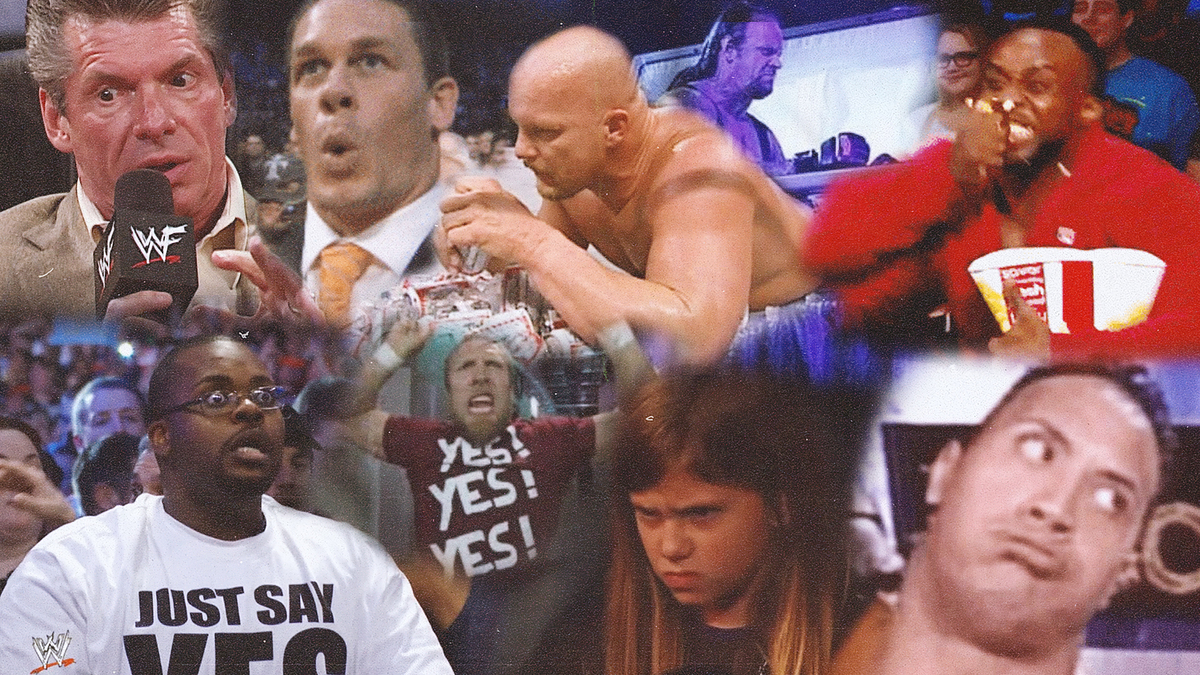 Vince McMahon with a microphone, John Cena, Stone Cold Steve Austin wrestling, Kofi Kingston eating popcorn, a fan in a "Just Say Yes" shirt, Daniel Bryan chanting "Yes!", a girl looking mad, and The Rock