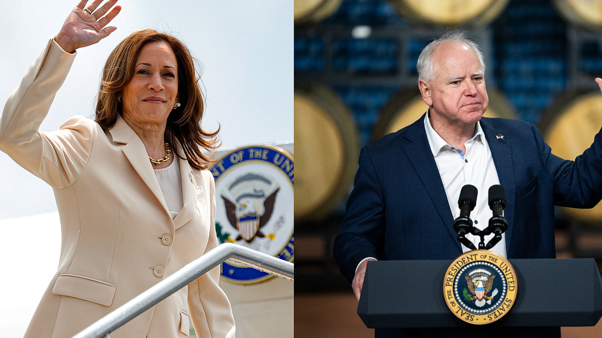 Kamala Harris waves from a staircase with the Vice Presidential seal behind her, while Tim Walz speaks at a podium with the Presidential seal and gestures