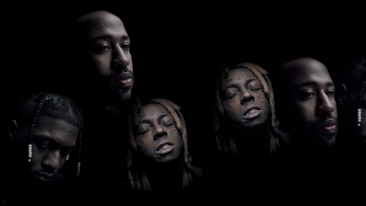 Headshots of Lil Wayne, one with eyes closed, and headshots of another individual with eyes closed and eyes open, against a dark, minimalist background