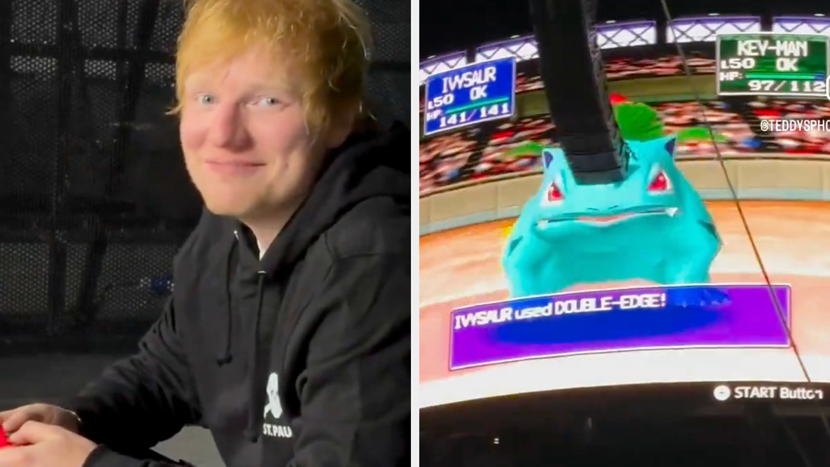 Ed Sheeran wearing a black hoodie, playing a Pokémon video game where Ivysaur uses the move Double-Edge against Key-Man