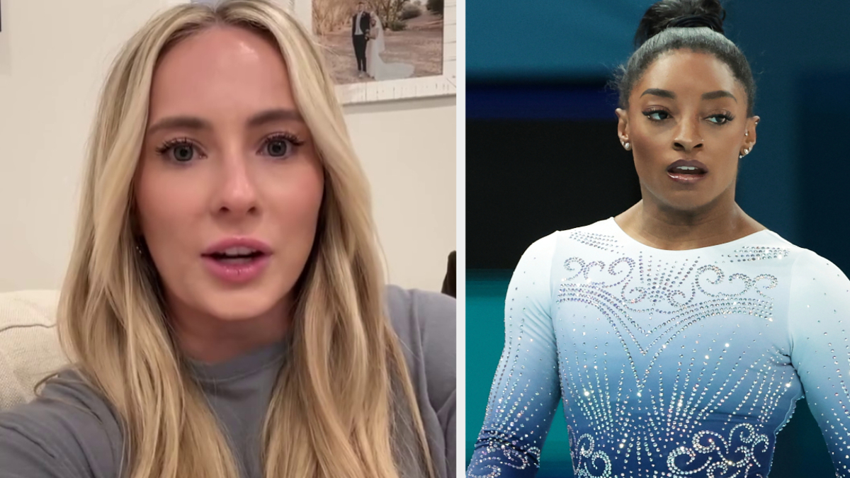 Mykayla Skinner speaks on the left in a casual setting, and Simone Biles is pictured on the right in a gymnastics uniform during a competition