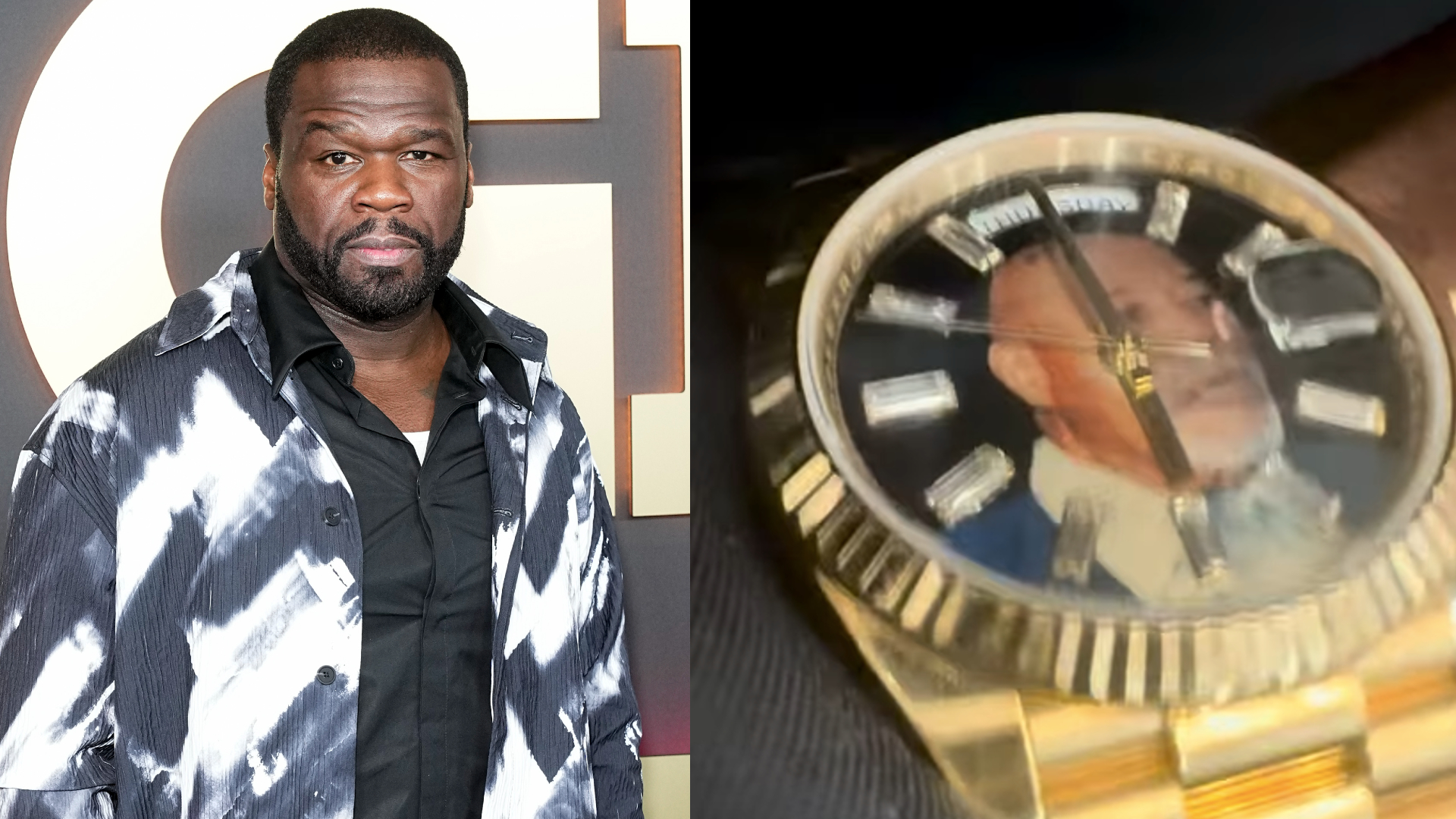 50 Cent is pictured to the left, his watch is pictured to the right