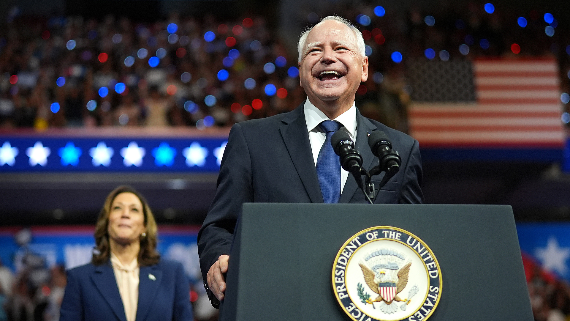 Democratic vice presidential candidate Tim Walz speaks during a campaign rally with Democratic presidential candidate, Kamala Harris 