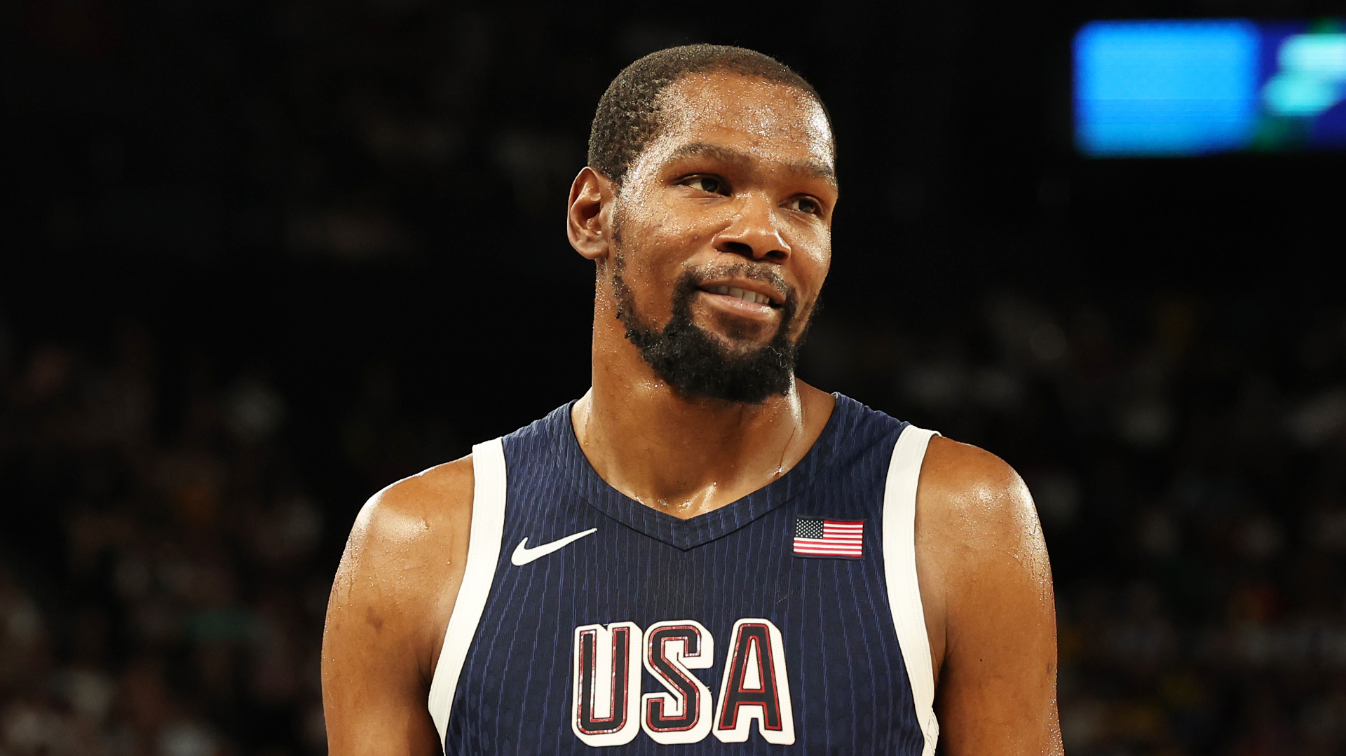 Kevin Durant in action playing for Team USA against Brazil. 