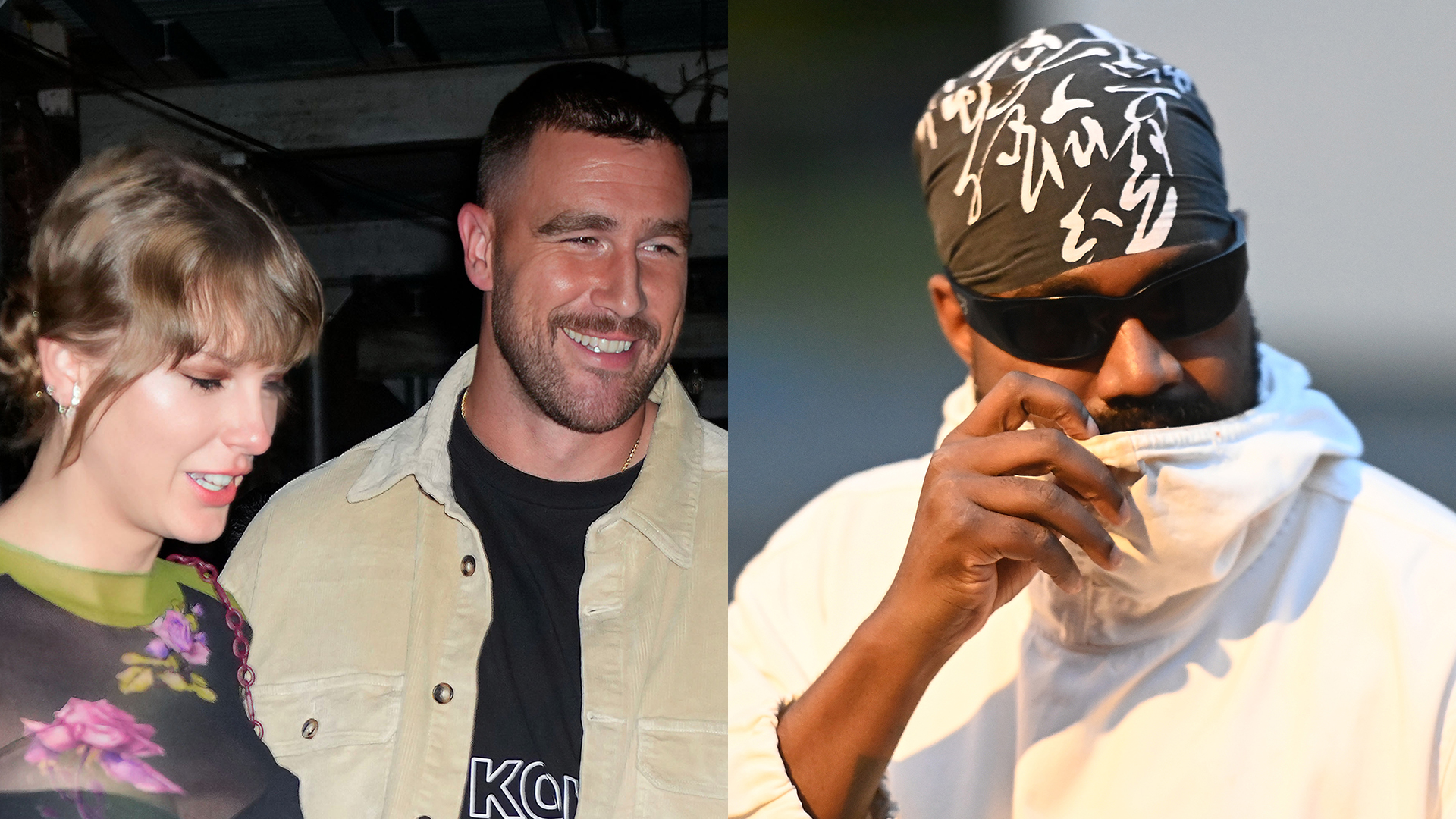 A spliced image showing Taylor Swift with Travis Kelce on the left, and the artist formerly known as Kanye West on the right.