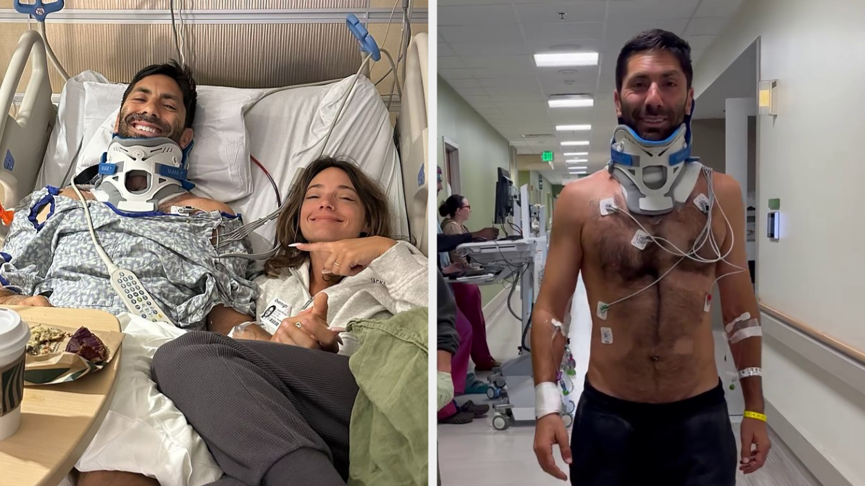 Split image. Left, Nev Schulman wearing a neck brace and hospital gown in hospital bed with his wife to his side. Right: Nev Schulman wearing a neckbrace and no shirt, walking through a hospital hallway 