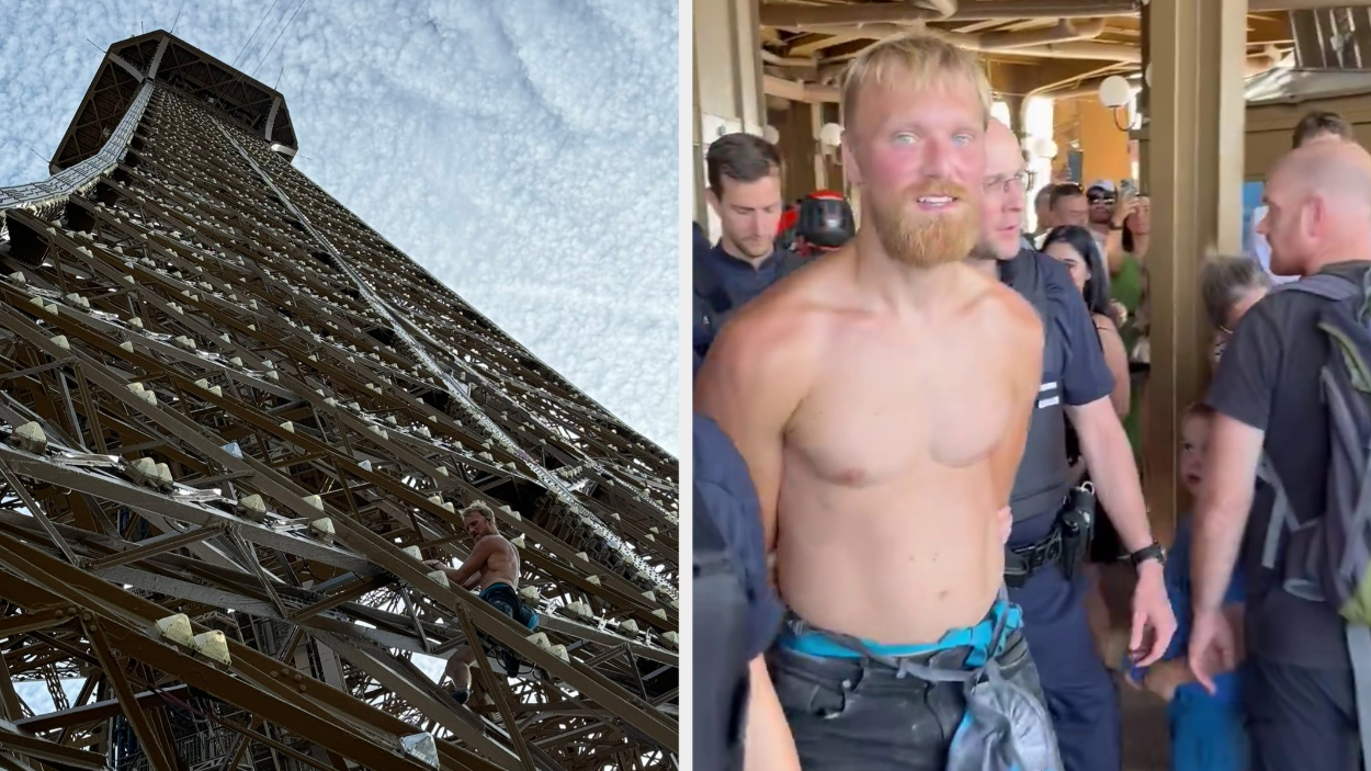 Split image: Left, a shirtless man climbing the Eiffel Tower. Right, a shirtless man looking at the camera and being walked away by police with his hands behind his back