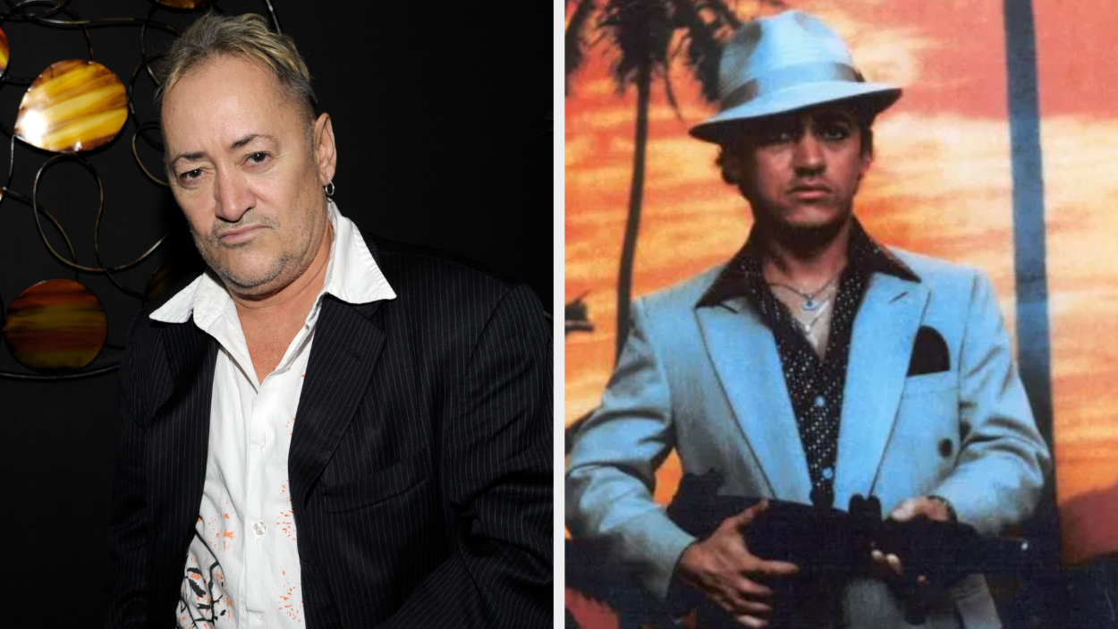Angel Salazar attending a party. Split photo of Salazar in character as Chi Chi from "Scarface" holding a firearm