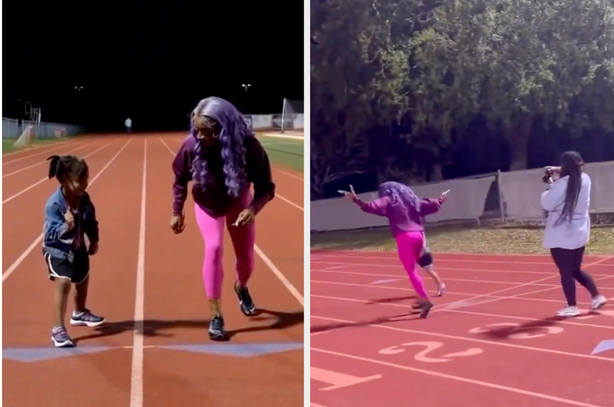 Still images from video of track star Sha'Carri Richardson racing Jen Jean Pierre's four year old daughter.