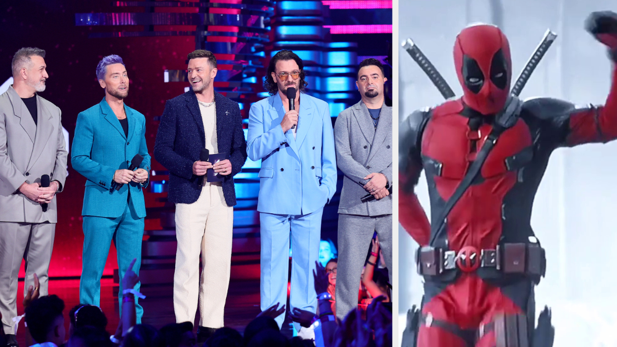 Left: *NSYNC speak onstage the 2023 MTV Video Music Awards. Right: Ryan Reynolds as Deadpool dancing.