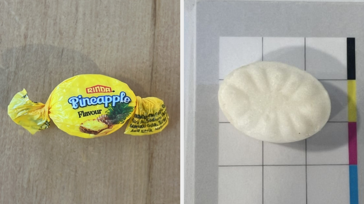 Left: Wrapped pineapple flavored candy. Right: A meth pill