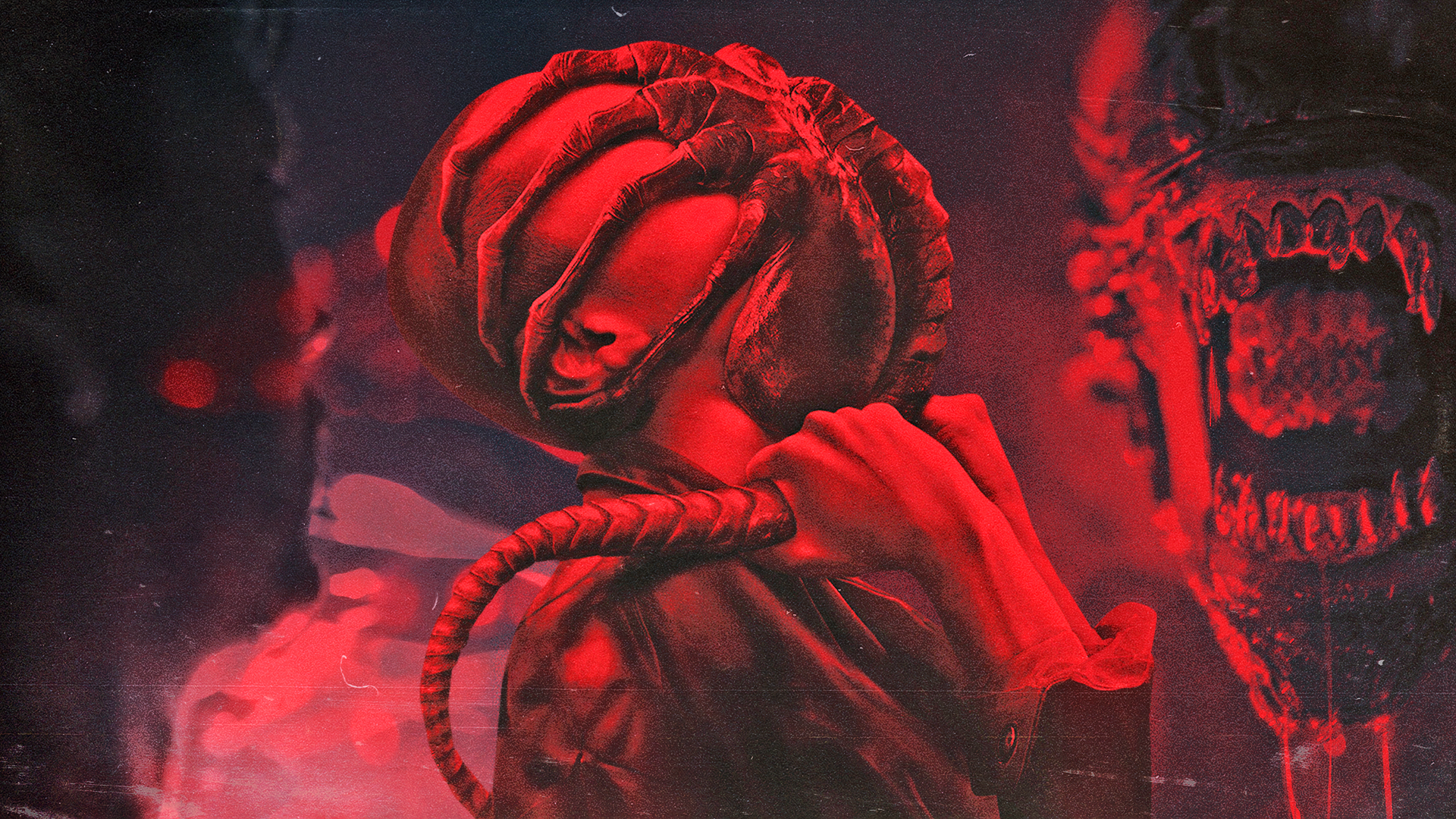 A mash-up of iconic Alien imagery, including a Facehugger and Xenomorph.