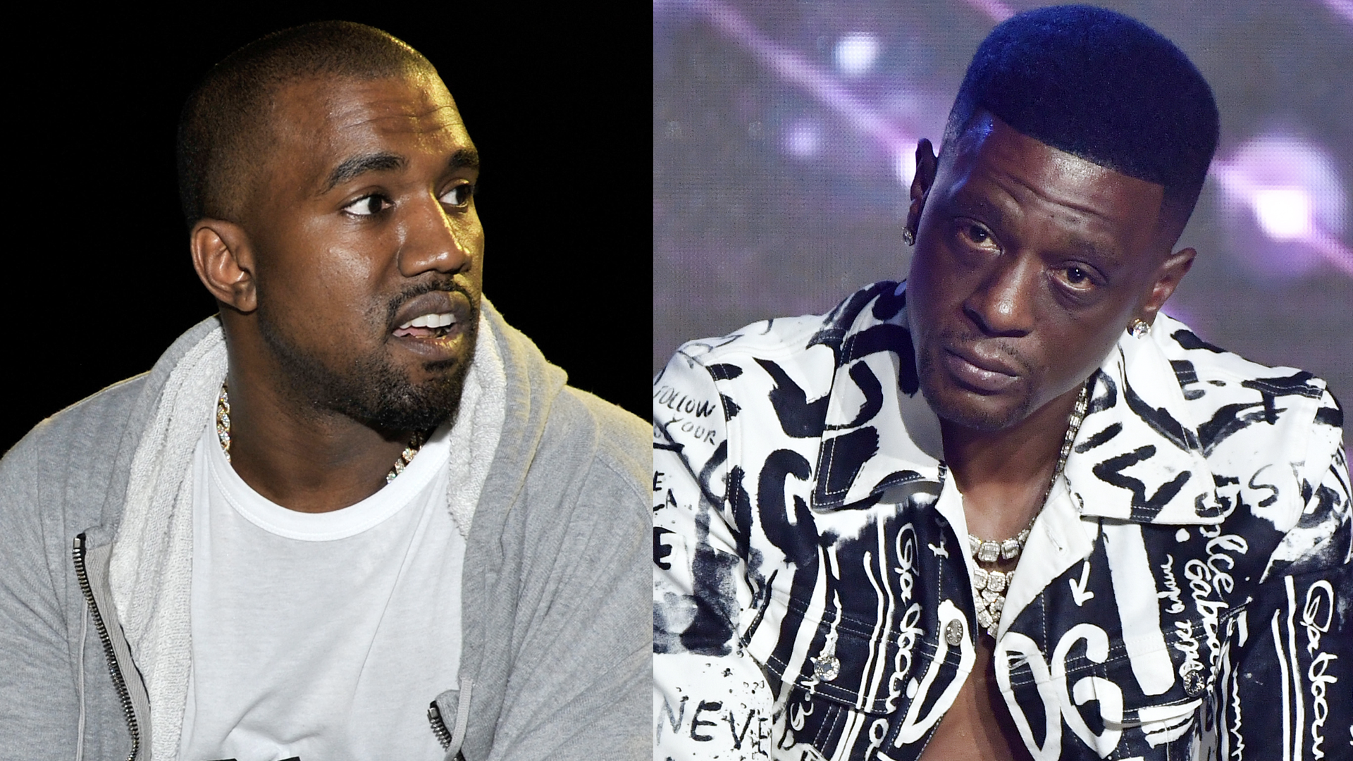 Spit image. Left: Boosie Badazz in a white jersey. Center: Kanye West in black with sunglasses. Right: Ferg in a blue jacket and red cap.