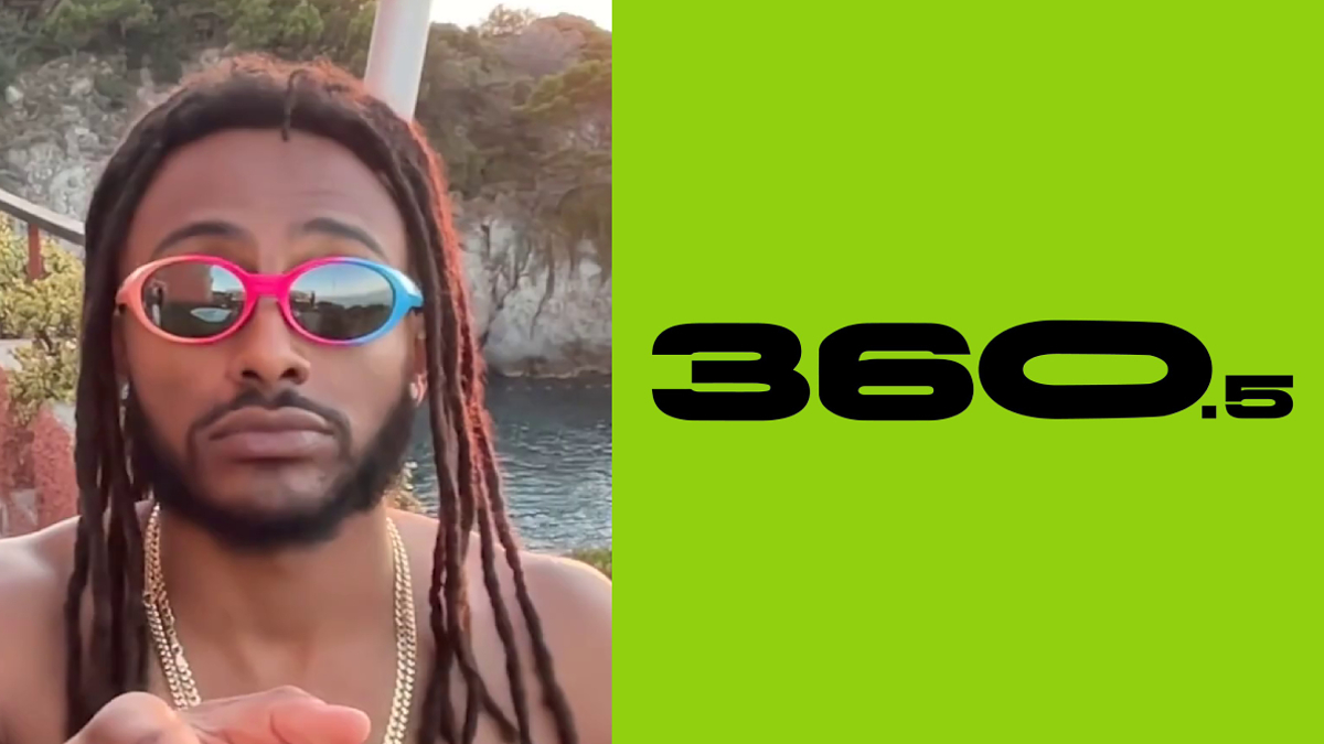 A man with dreadlocks and gold chain wearing colorful sunglasses is posing outdoors near water. The word "360.5" is displayed on a green background