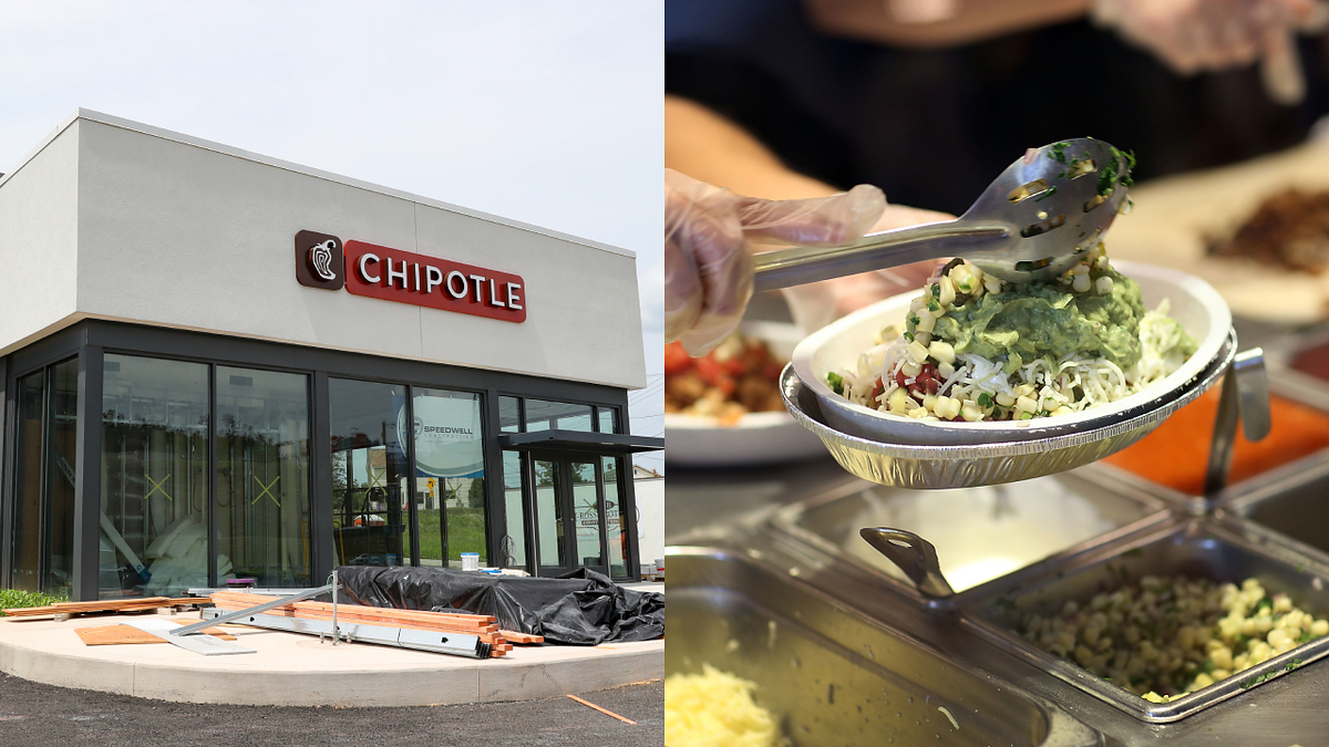 Exterior of a Chipotle restaurant on the left; a person serving a bowl of rice, beans, and guacamole on the right